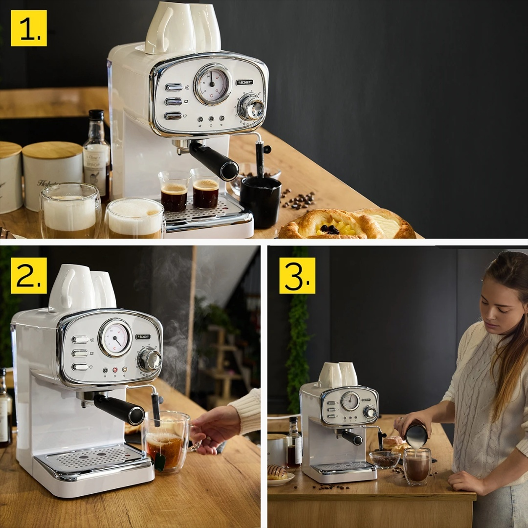 Obrazy białego ekspresu do kawy z różnymi częściami i kobietą, która go używa. Zawiera kawę i ciasta.