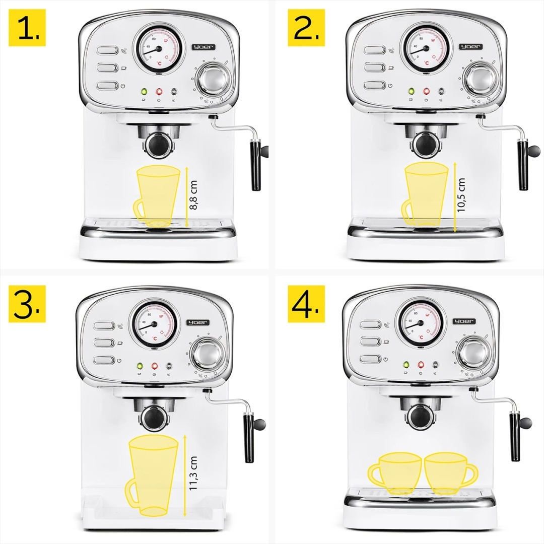 Biały ekspres do kawy z dwiema filiżankami kawy z przodu.