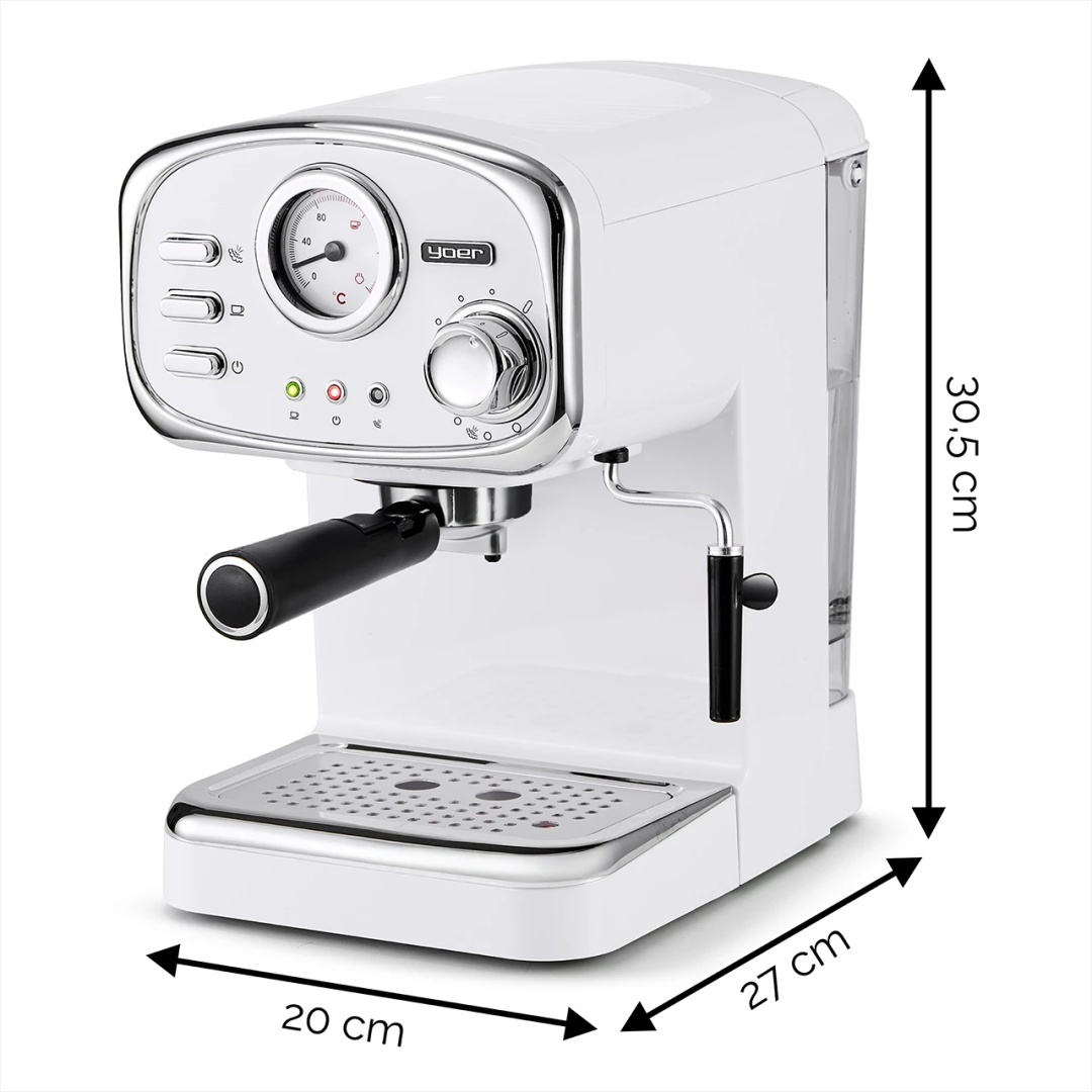 Biały ekspres do kawy z wymiarami. Pokazuje wskaźnik i wymiary maszyny.