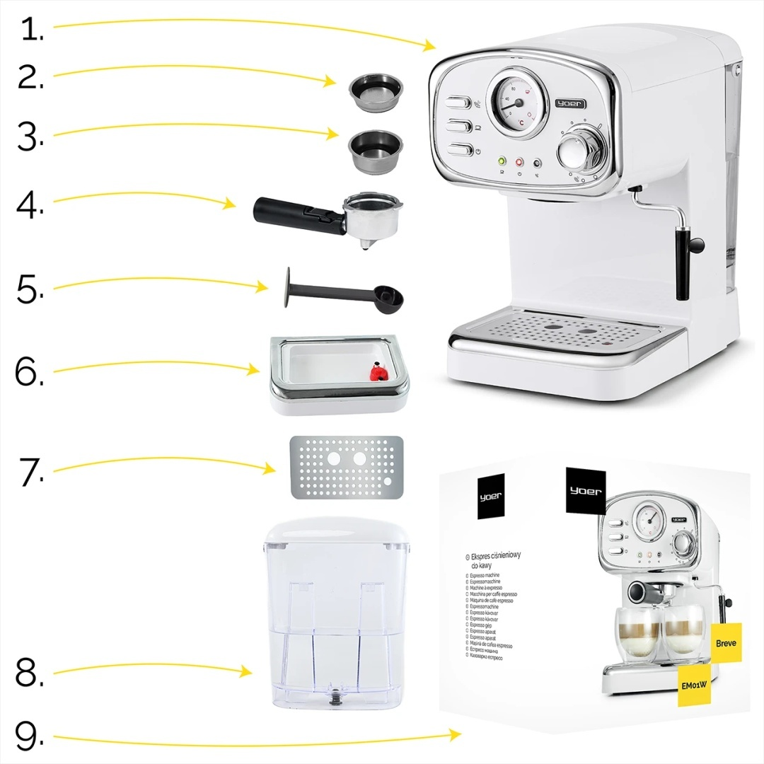Biały ekspres do kawy z oznaczonymi elementami. Zawiera kolbę i akcesoria.