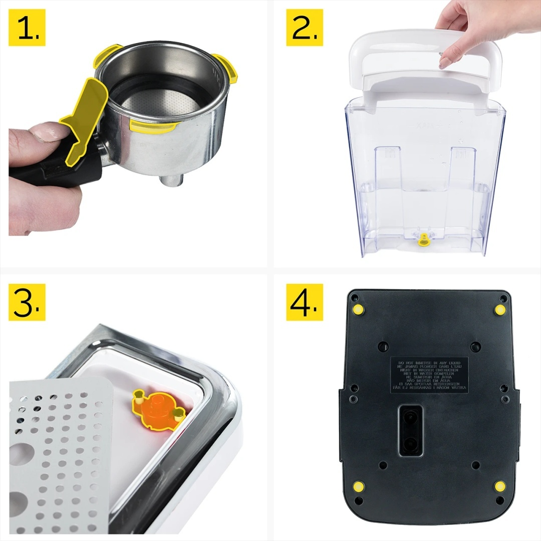 Szczegółowy widok elementów ekspresu do kawy, w tym kolby, zbiornika na wodę i tacki ociekowej.