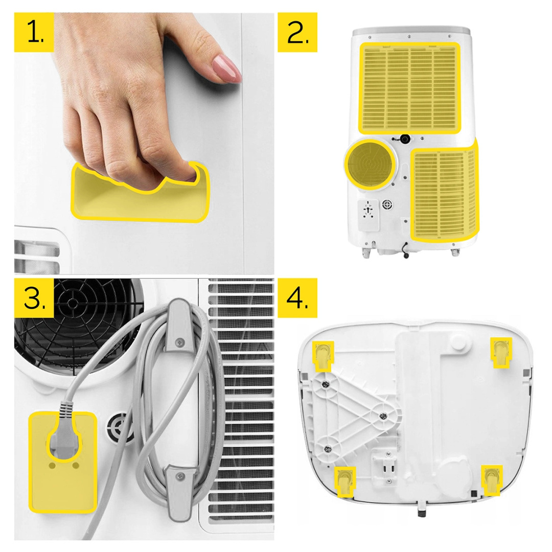 Dłoń trzymająca uchwyt na białym urządzeniu z żółtymi akcentami.