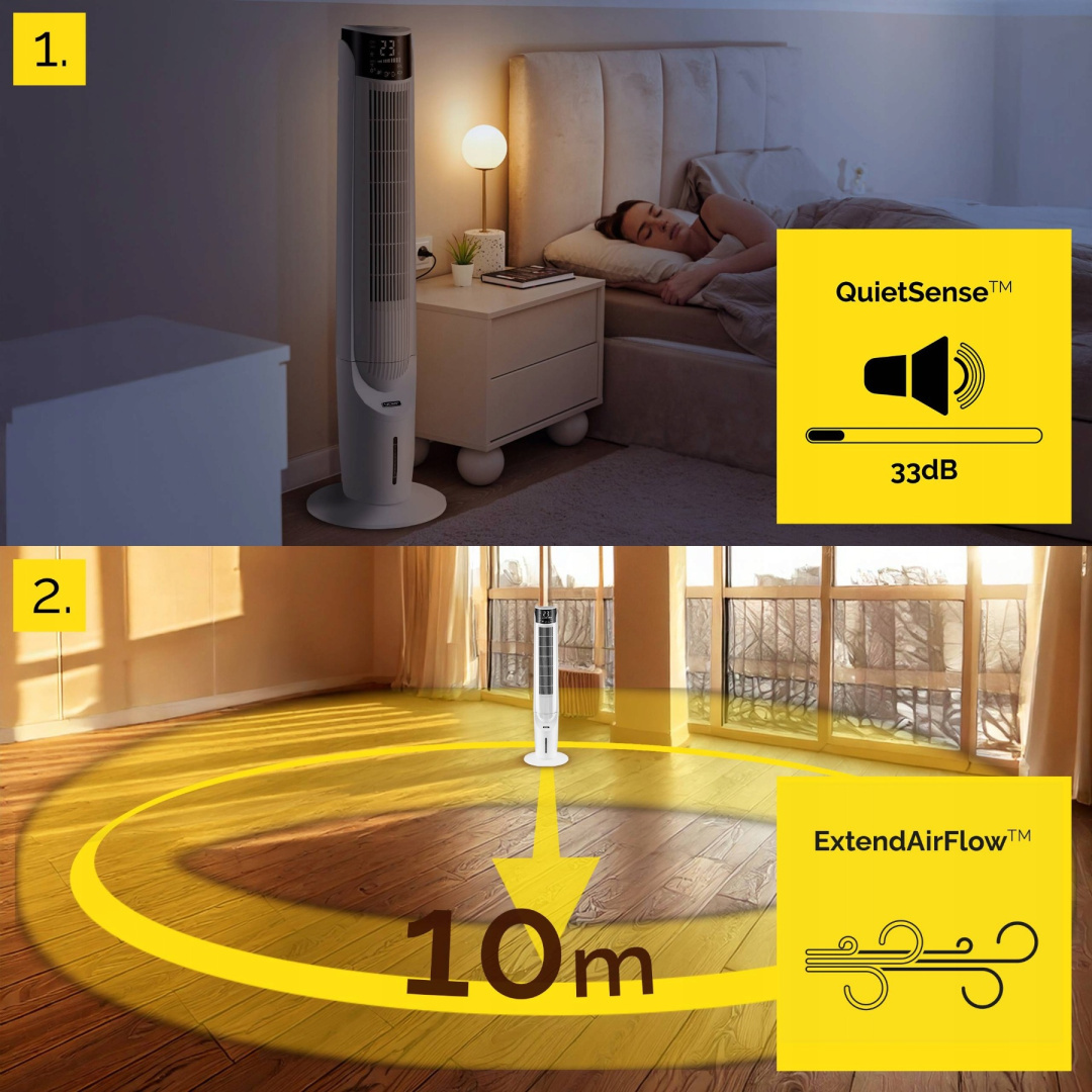 Obraz dwupanelowy. Góra: sypialnia z wentylatorem, śpiąca kobieta. Dół: wentylator w pokoju, żółta grafika ExtendAirFlow.