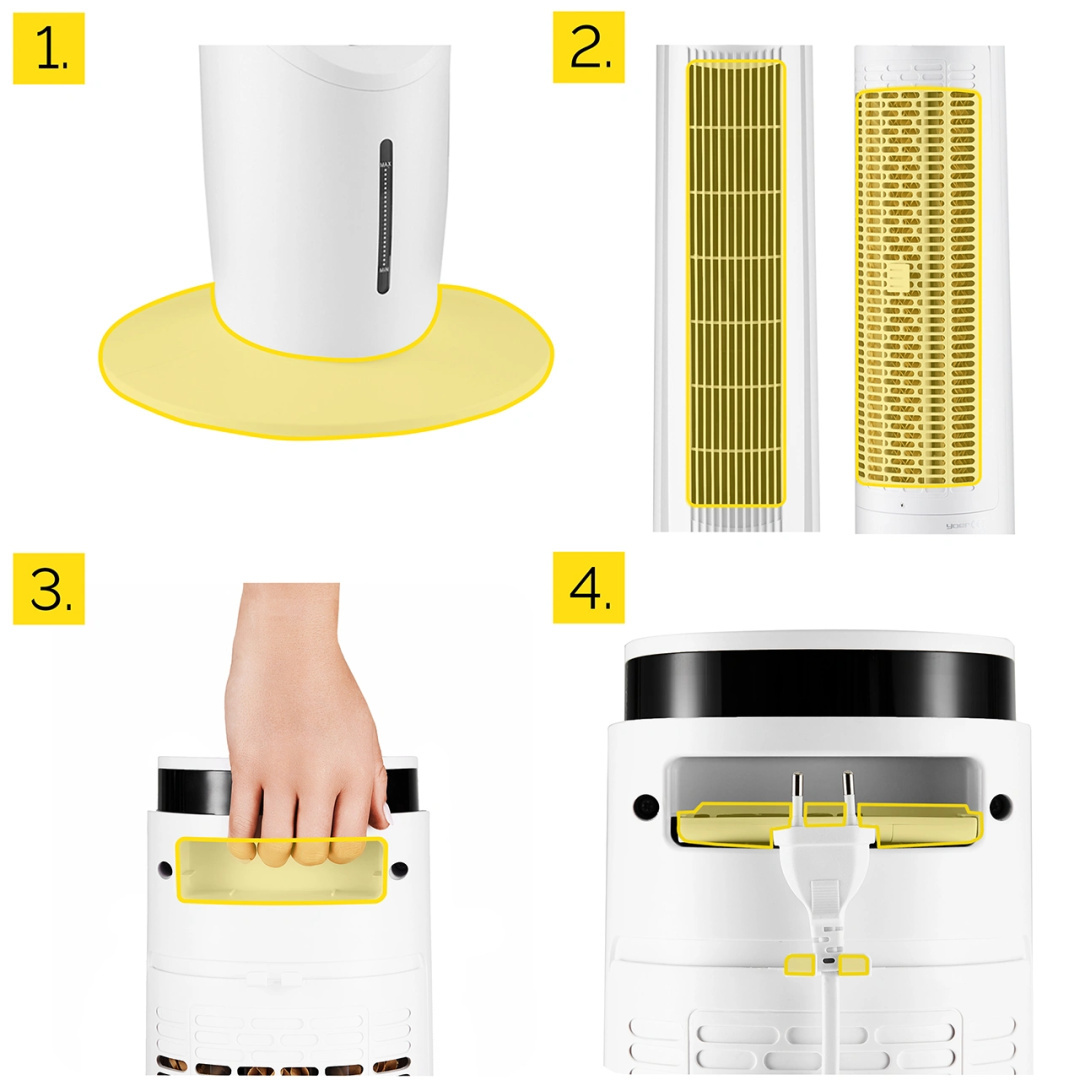 Zbliżenie na części wentylatora wieżowego, w tym podstawę, żółtą matę, otwory wentylacyjne i uchwyt.