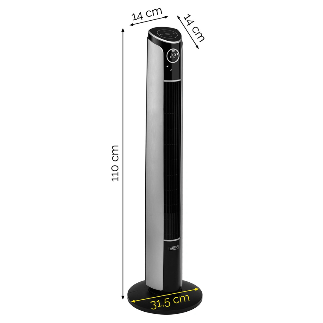 Wysoki, srebrno-czarny wentylator wieżowy z wymiarami w centymetrach.