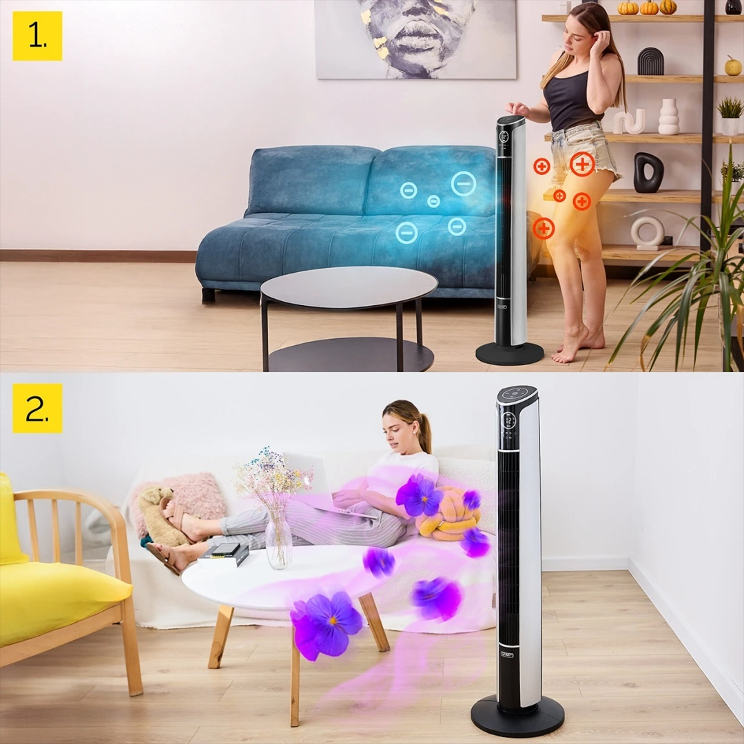 Dwa obrazy: kobieta z wentylatorem i kobieta siedząca na kanapie z kwiatami i wentylatorem.