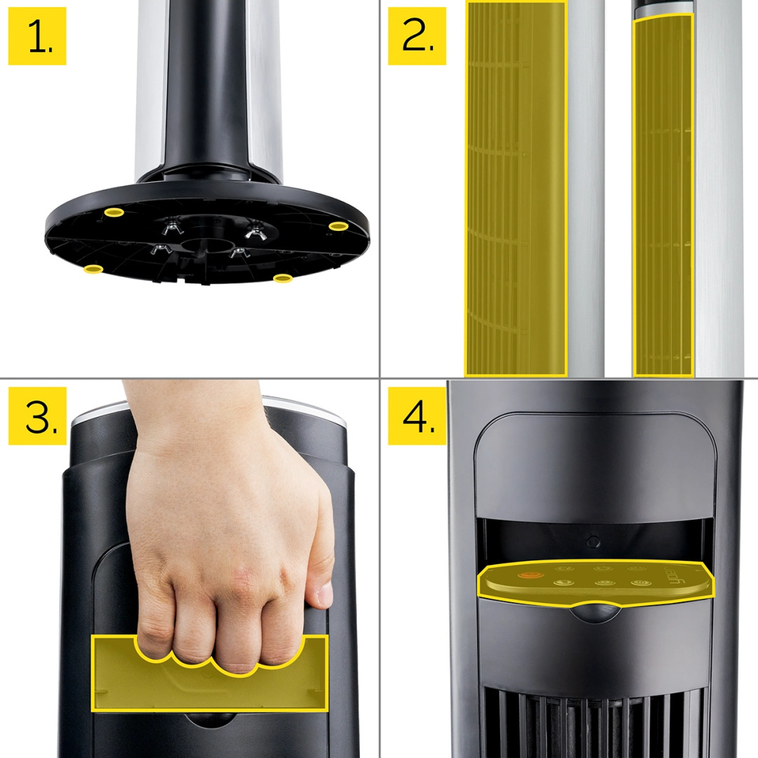 Zbliżenia podstawy, otworów wentylacyjnych i panelu sterowania wentylatora wieżowego, podkreślające jego szczegóły.