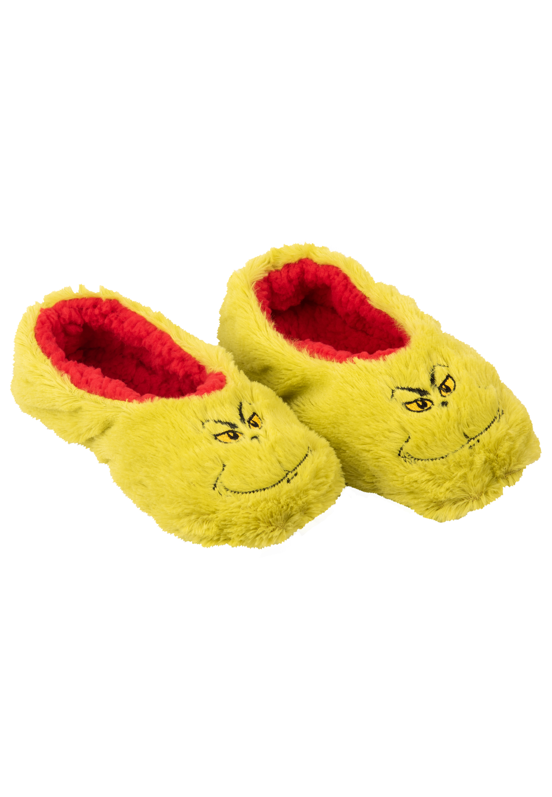 Zwei grüne Grinch-Hausschuhe mit rotem Innenfutter und Grinch-Gesichtern auf weißem Hintergrund.