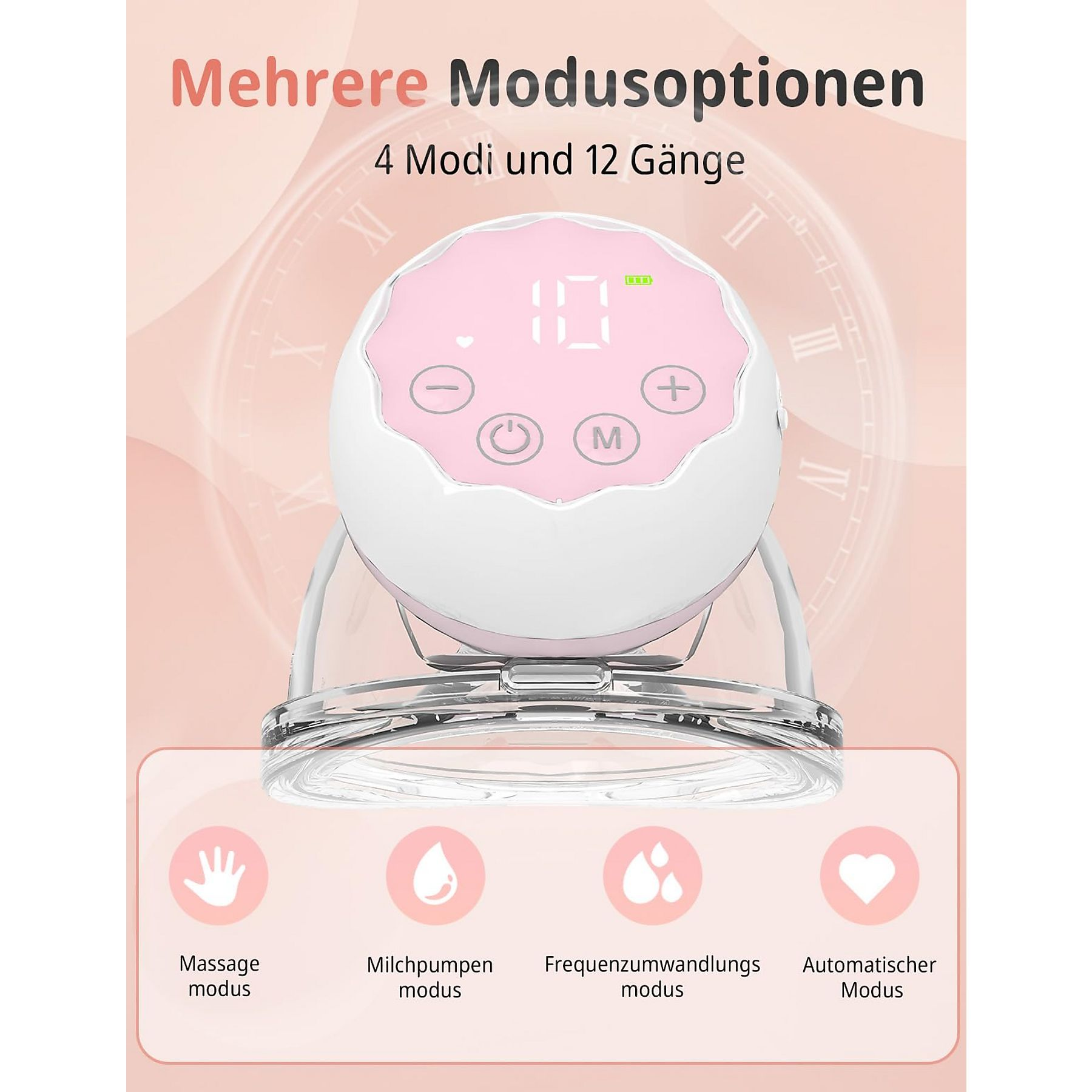Brustpumpen-Bedienfeld mit Einstellungen. Rosa und weißes Design, vier Modi und 12 Stufen.