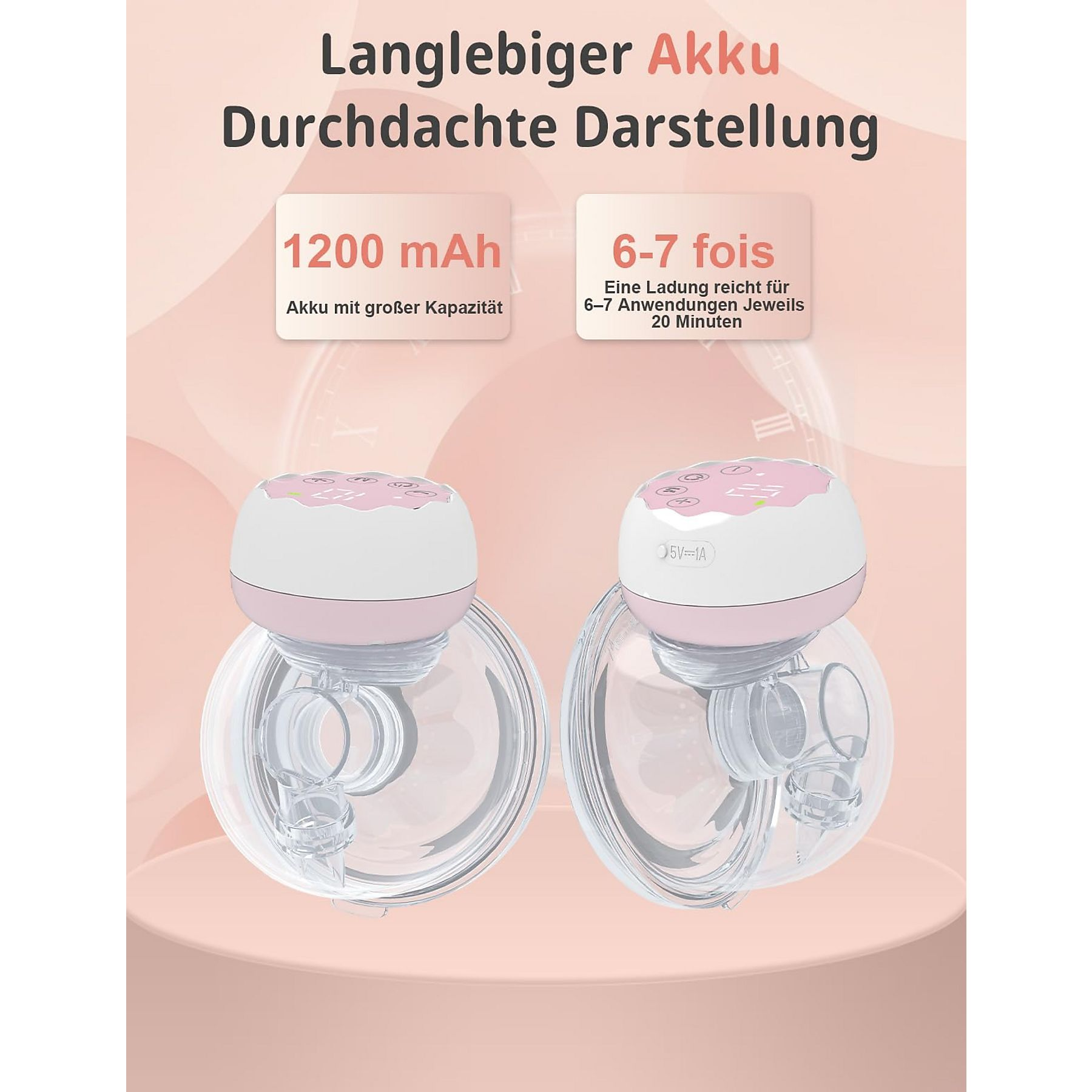 Zwei Brustpumpen, rosa und weiß, mit Informationen zu Akkukapazität und Nutzungsdauer.