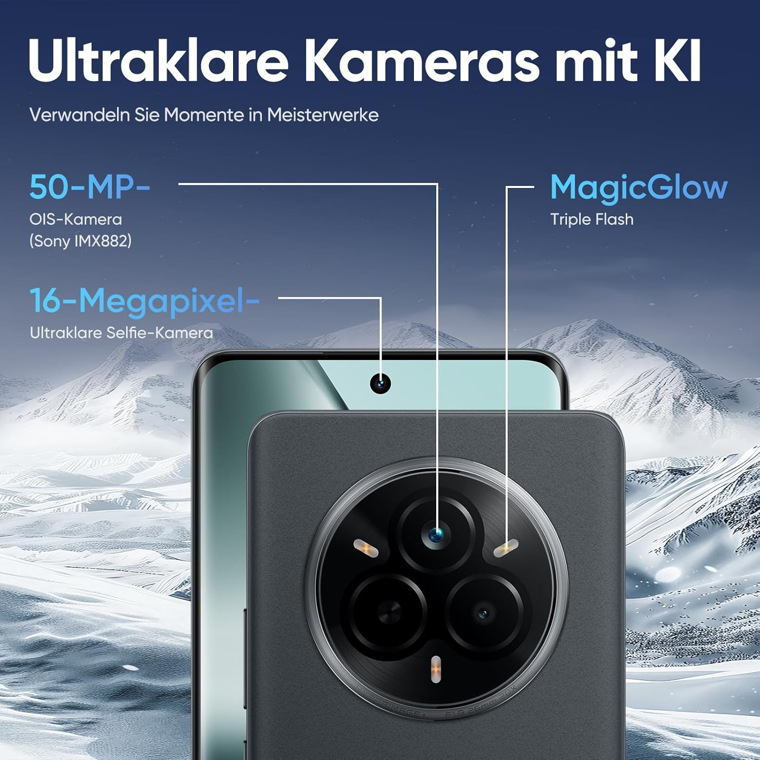 Smartphone mit hervorgehobenen Kamerafunktionen: 50MP OIS, 16MP Selfie-Kamera und MagicGlow-Blitz.