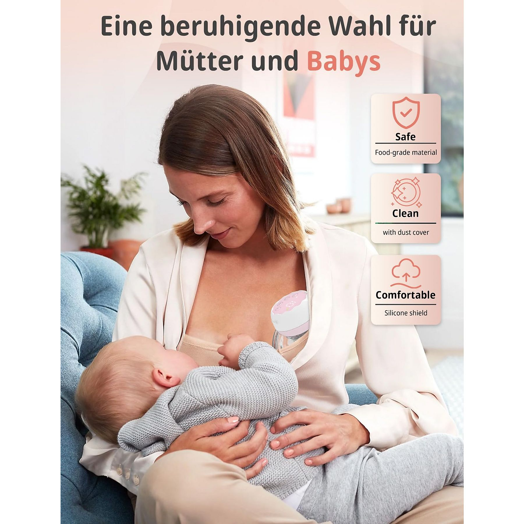 Eine Mutter, die ihr Baby stillt, mit einer Brustpumpe, Text über eine sichere, saubere und komfortable Wahl.