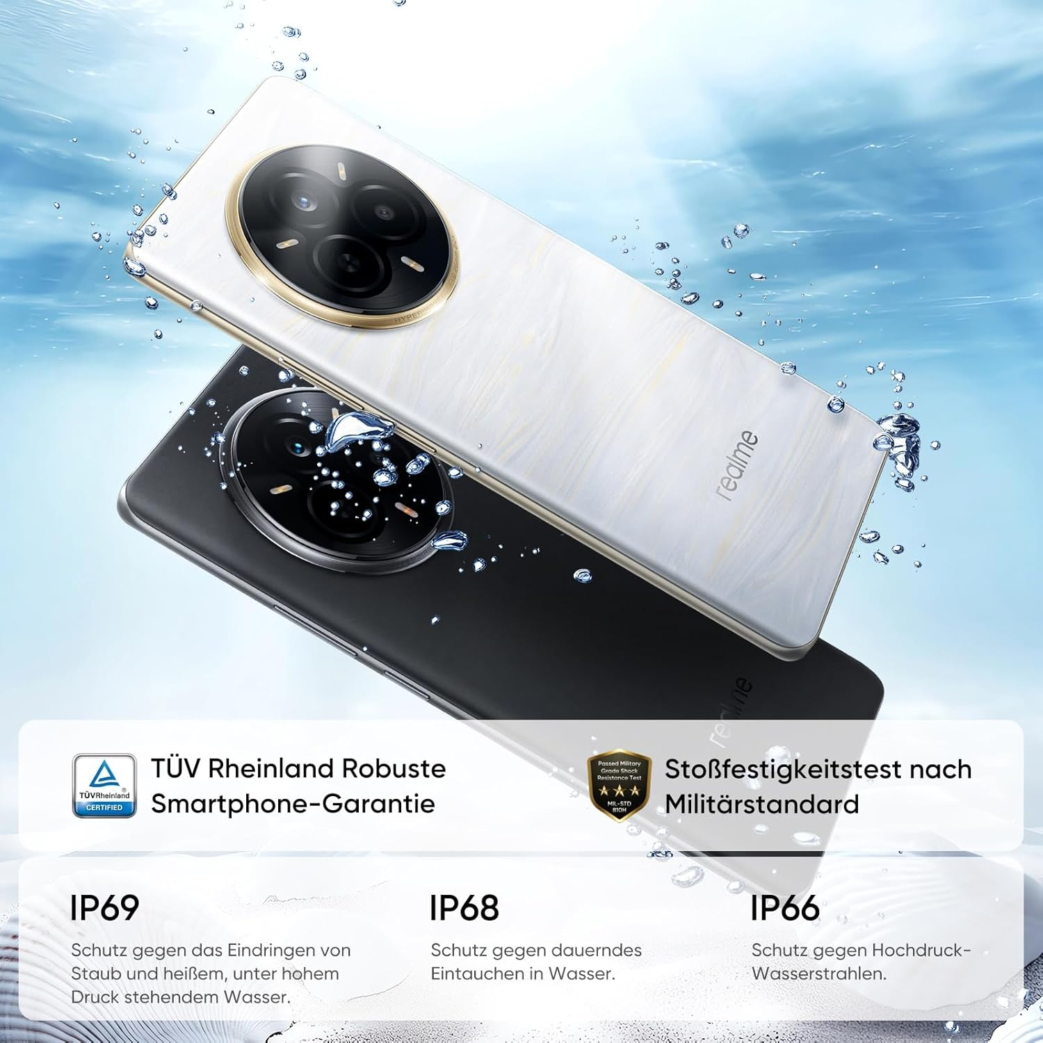 Zwei Smartphones, weiß und schwarz, mit Kameraerhebung und Text über Haltbarkeit und Wasserbeständigkeit.