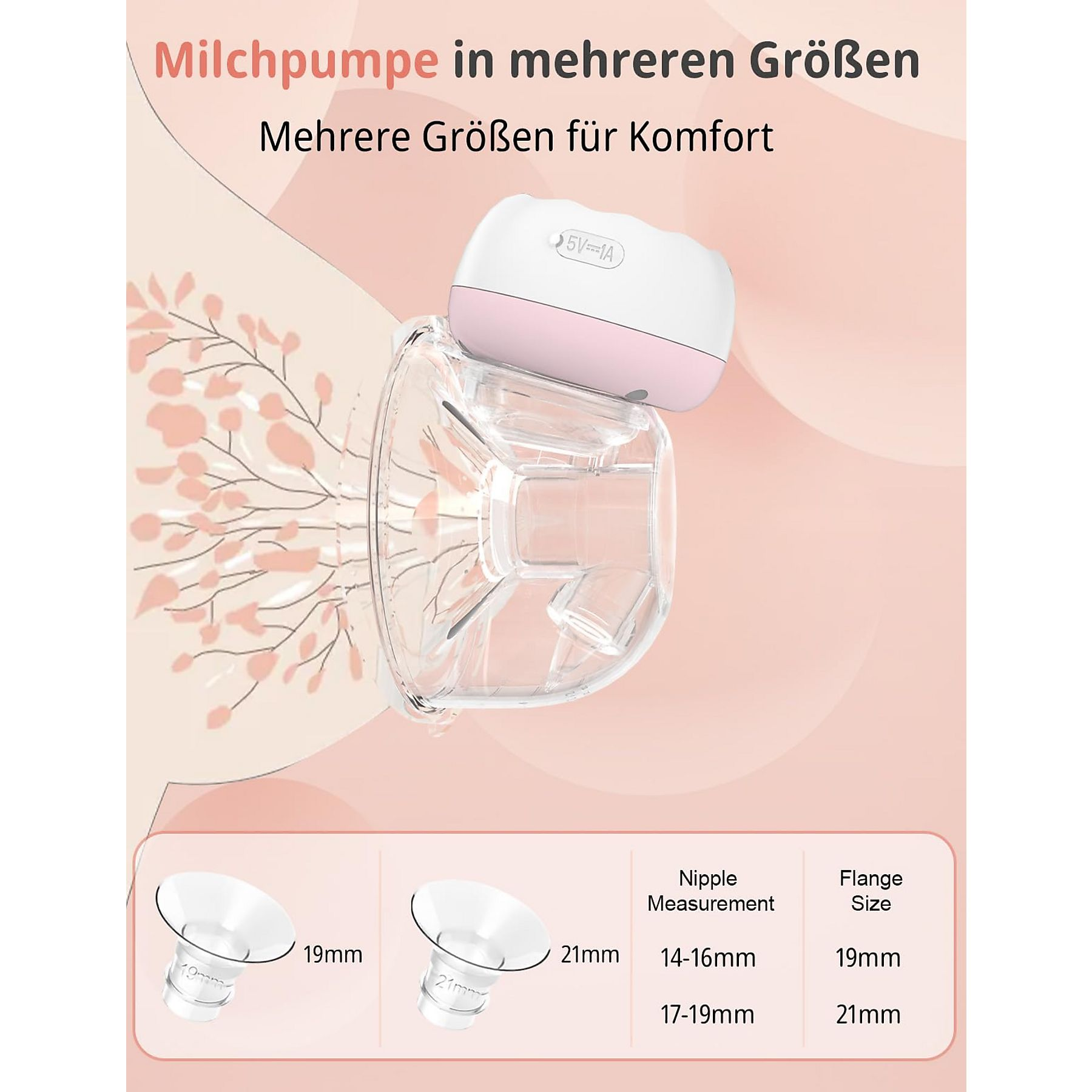 Brustpumpe mit verschiedenen Flanschgrößen. Text: Mehrere Größen für Komfort.