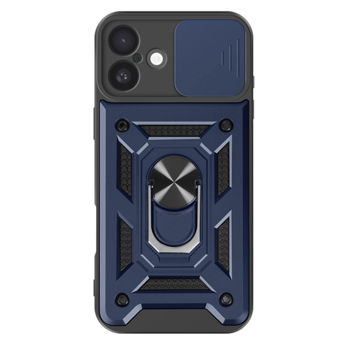Una custodia per telefono blu e nera con una copertura per fotocamera e un supporto ad anello su sfondo bianco.