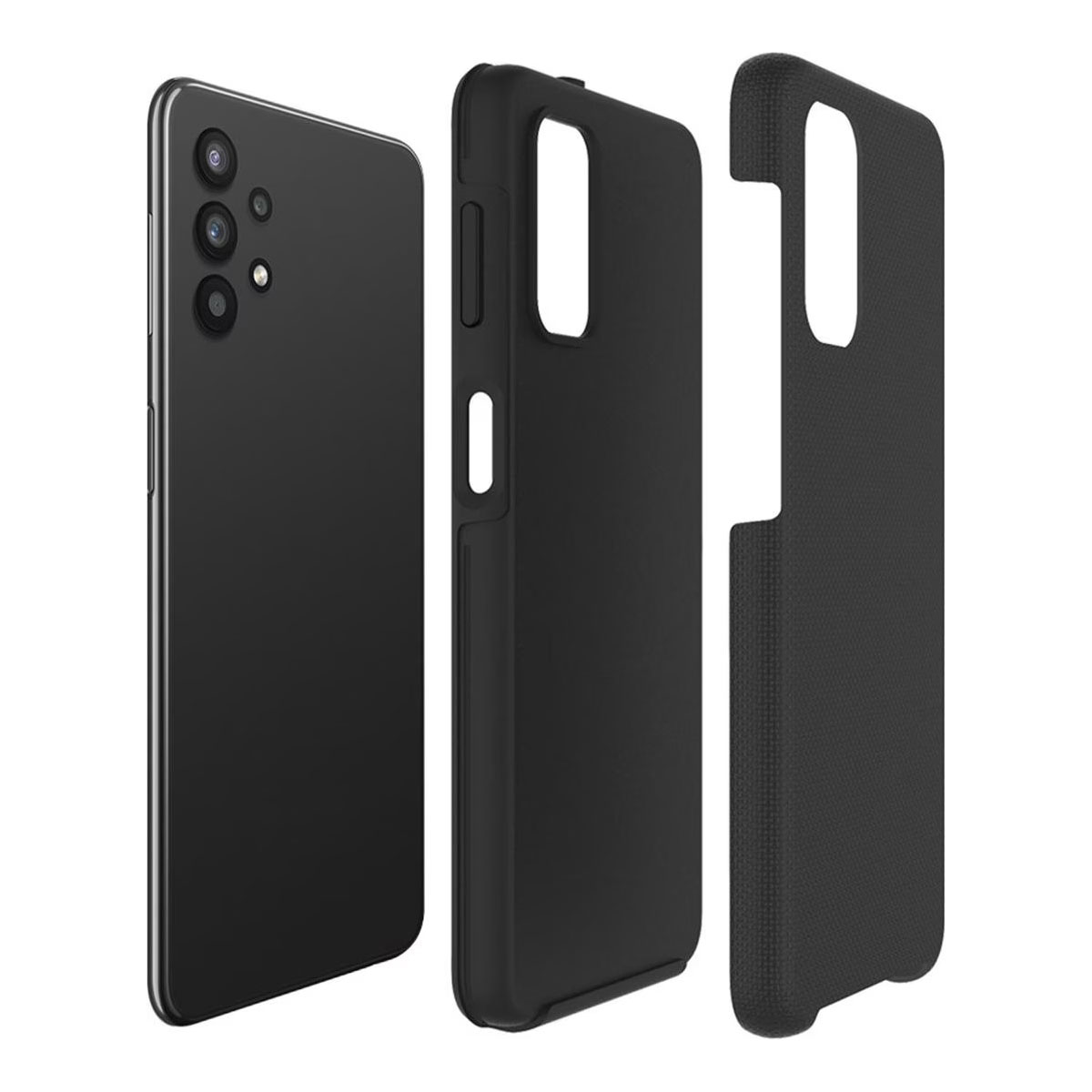 Un telefono nero e tre parti di custodia per telefono nera sono disposte su uno sfondo bianco.