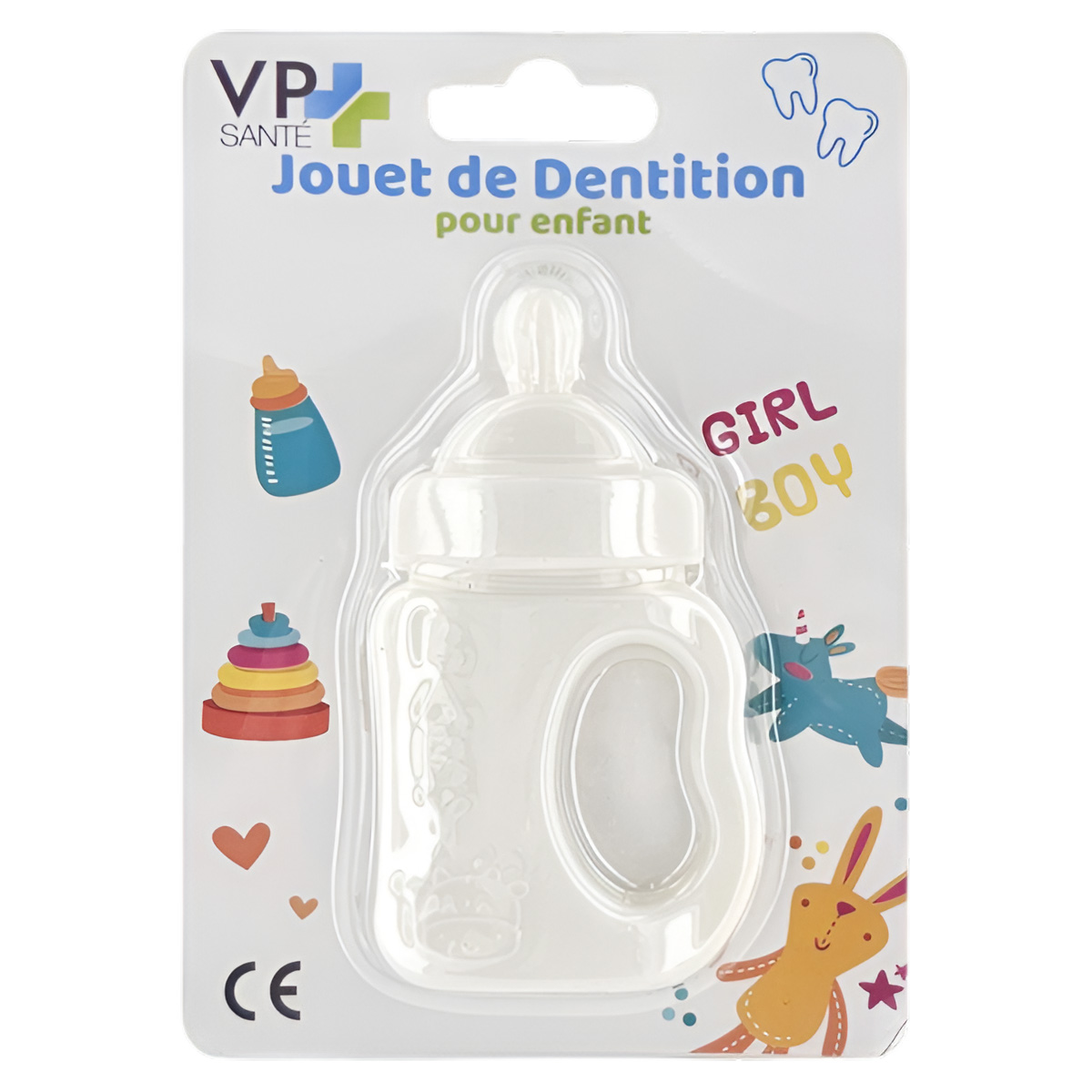 Ein Babyschnuller in einer Plastikverpackung mit Flaschenform, mit einem Cartoon-Design für ein Baby.