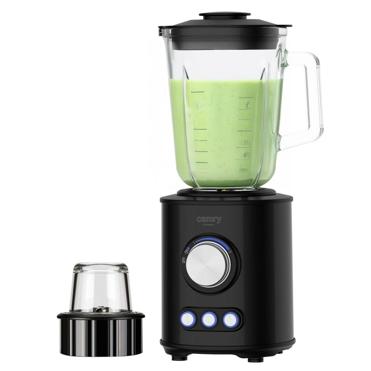 Schwarzer Mixer mit grünem Smoothie in einem Glaskrug und einer extra Tasse.