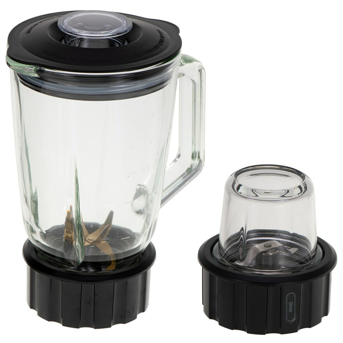 Ein Mixer mit Glaskrug und schwarzem Sockel sowie einem separaten kleineren Mahlwerk. Ein Deckel ist auf dem Glas.