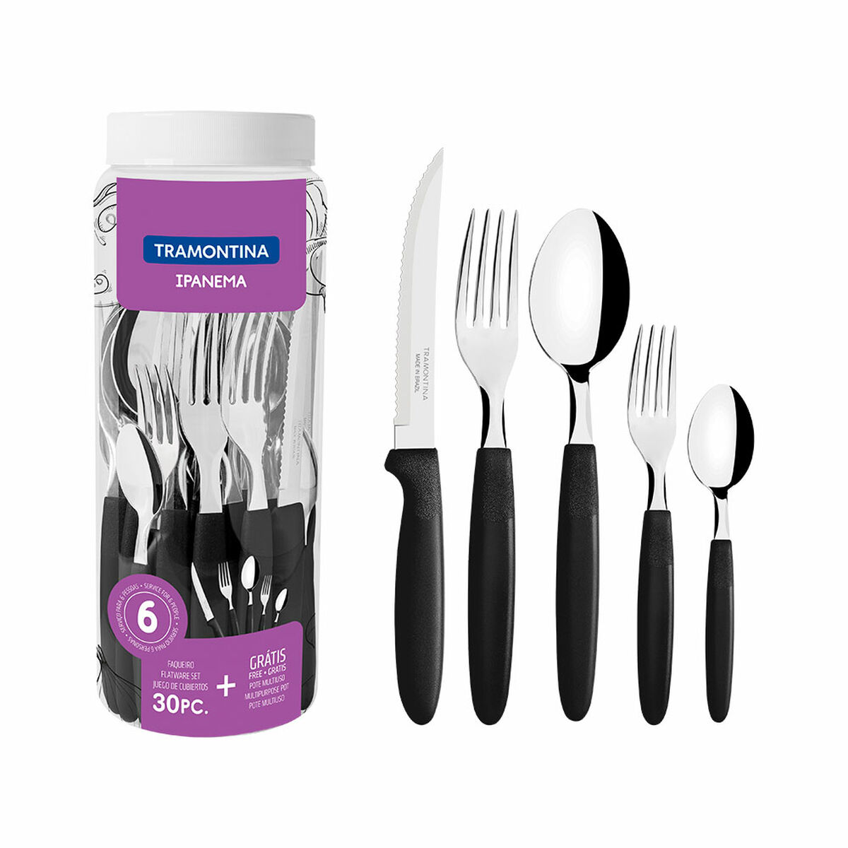 Besteckset in Verpackung. Messer, Gabeln, Löffel mit schwarzen Griffen.