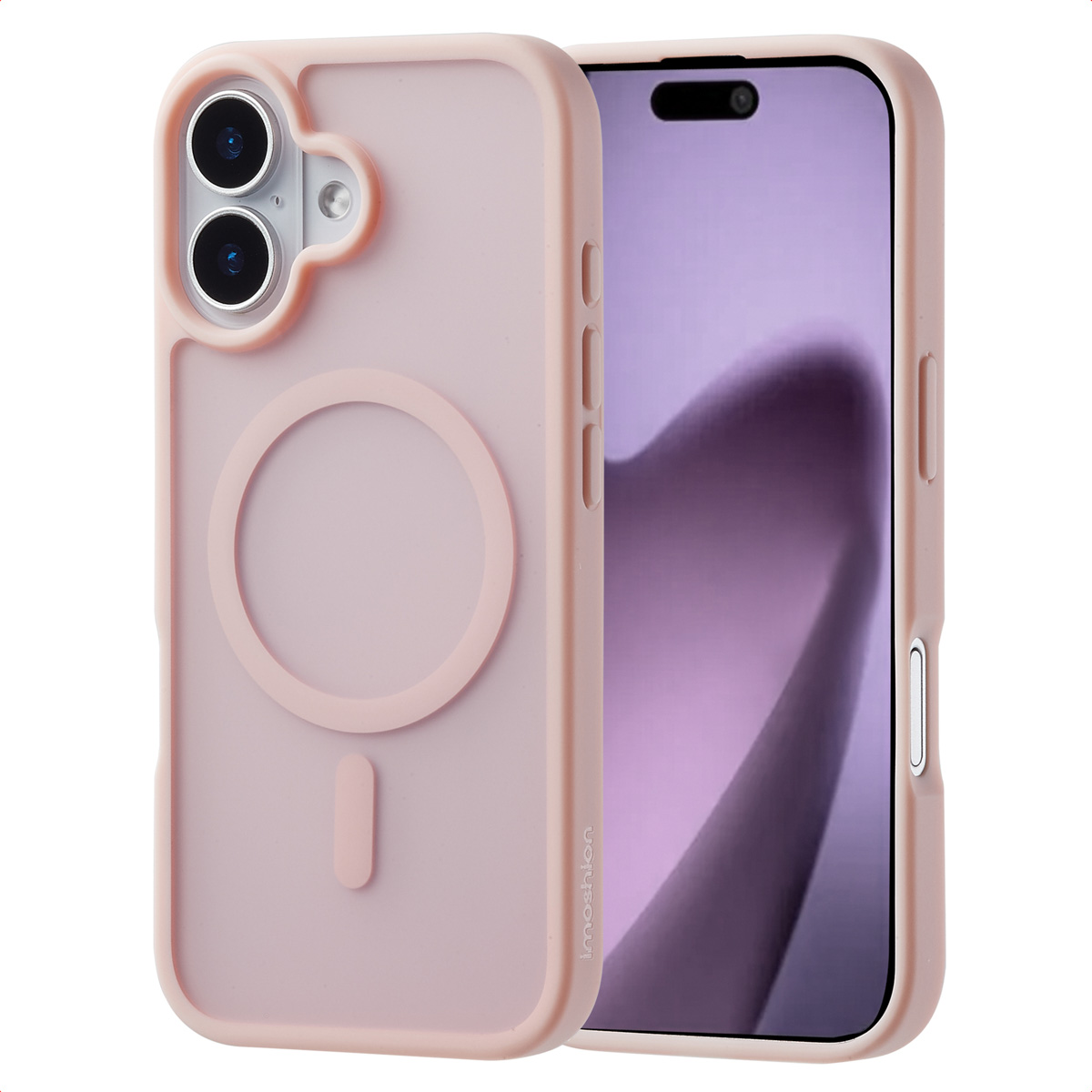 Roze telefoonhoesje met een telefoon, witte achtergrond. De hoes heeft een magnetische cirkel.