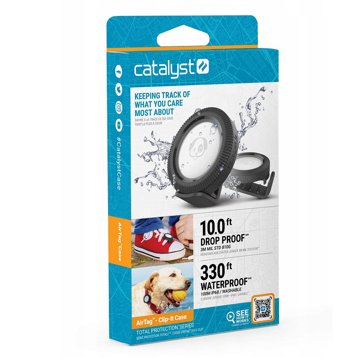 Produktverpackung mit AirTag-Hülle und Text über Fall- und Wasserbeständigkeit.
