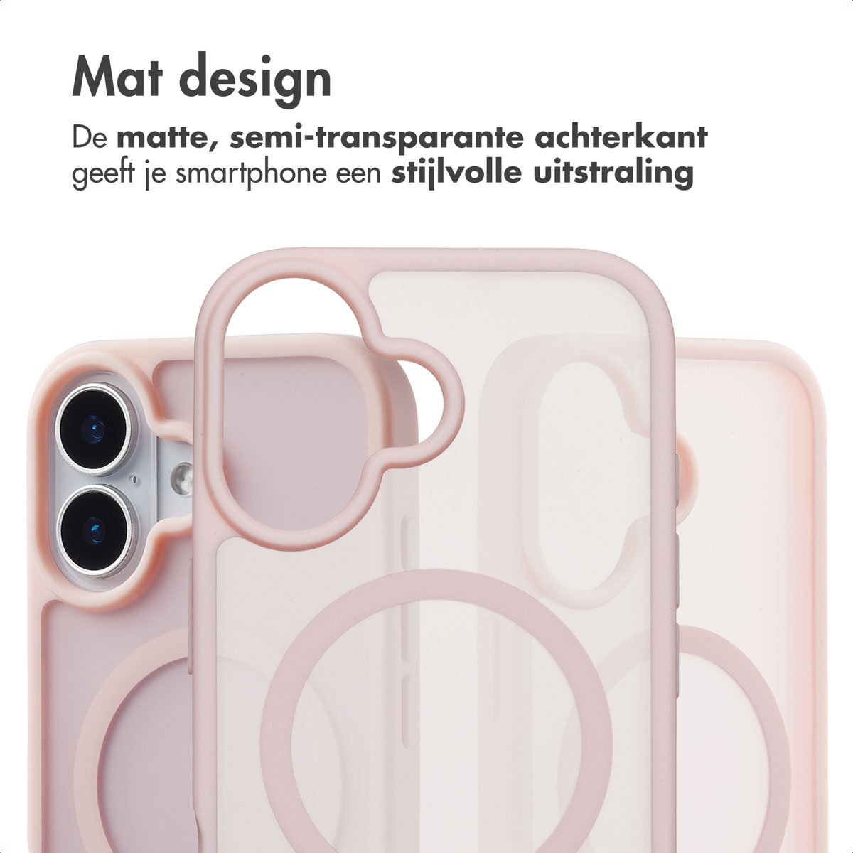 Roze telefoonhoes met een telefoon erin, met Nederlandse tekst over het ontwerp.