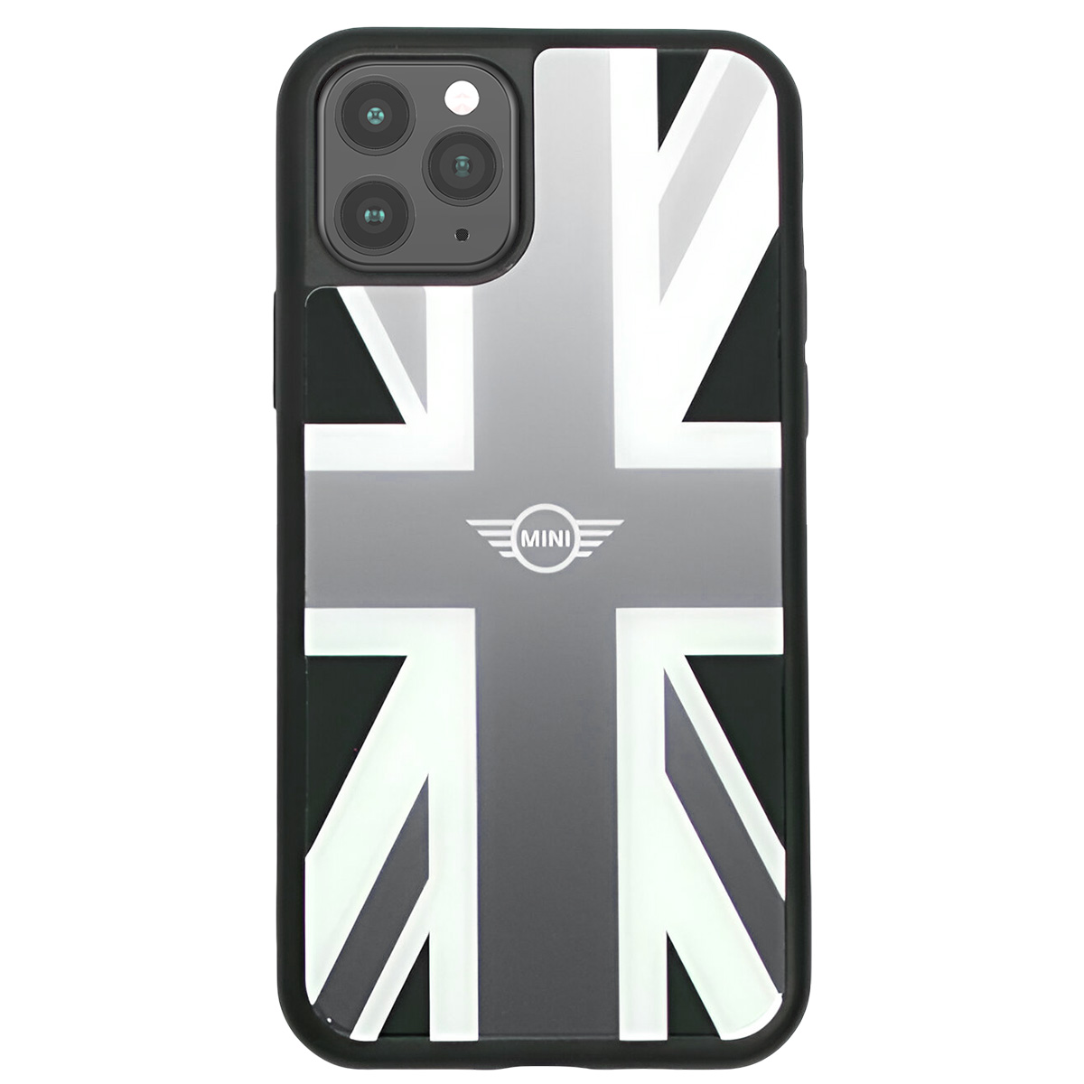 Custodia nera per telefono con design Union Jack. Sfondo bianco.