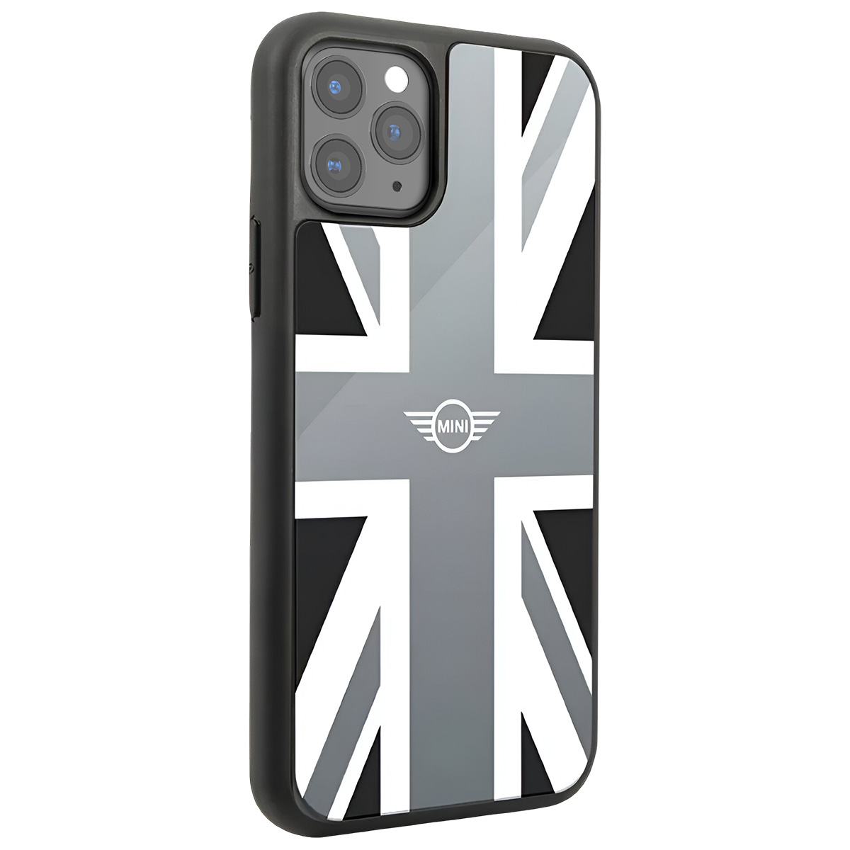 Una custodia per telefono con un design Union Jack in scala di grigi, con il logo MINI al centro.