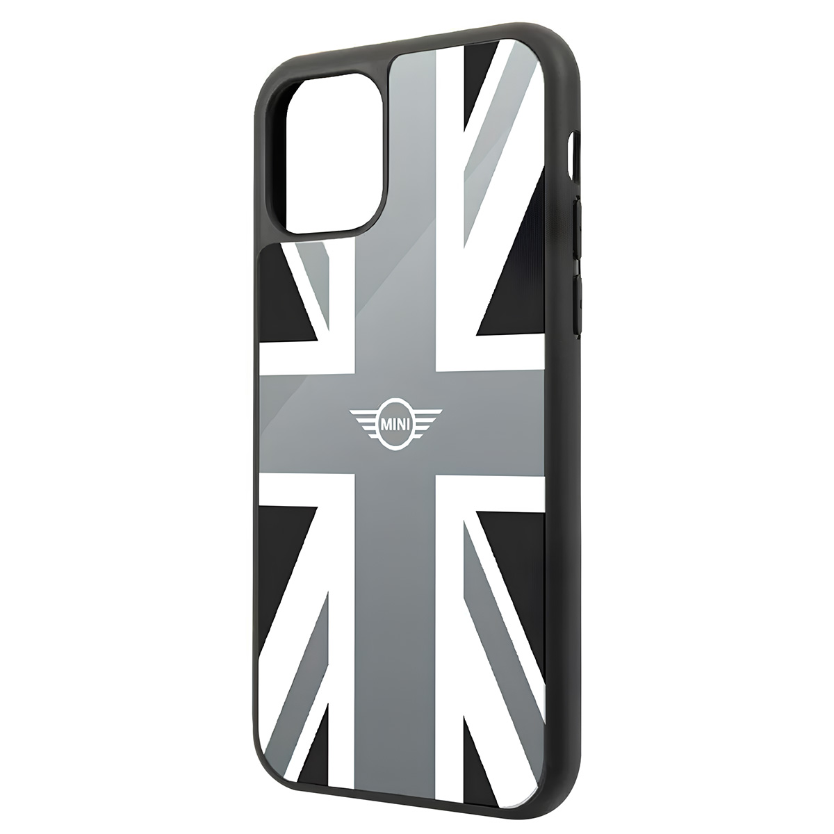 Custodia nera per telefono con design a bandiera britannica e logo MINI argentato.