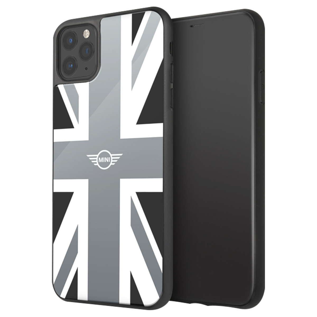 Custodia nera per telefono con design Union Jack e un telefono nero. Sfondo bianco.