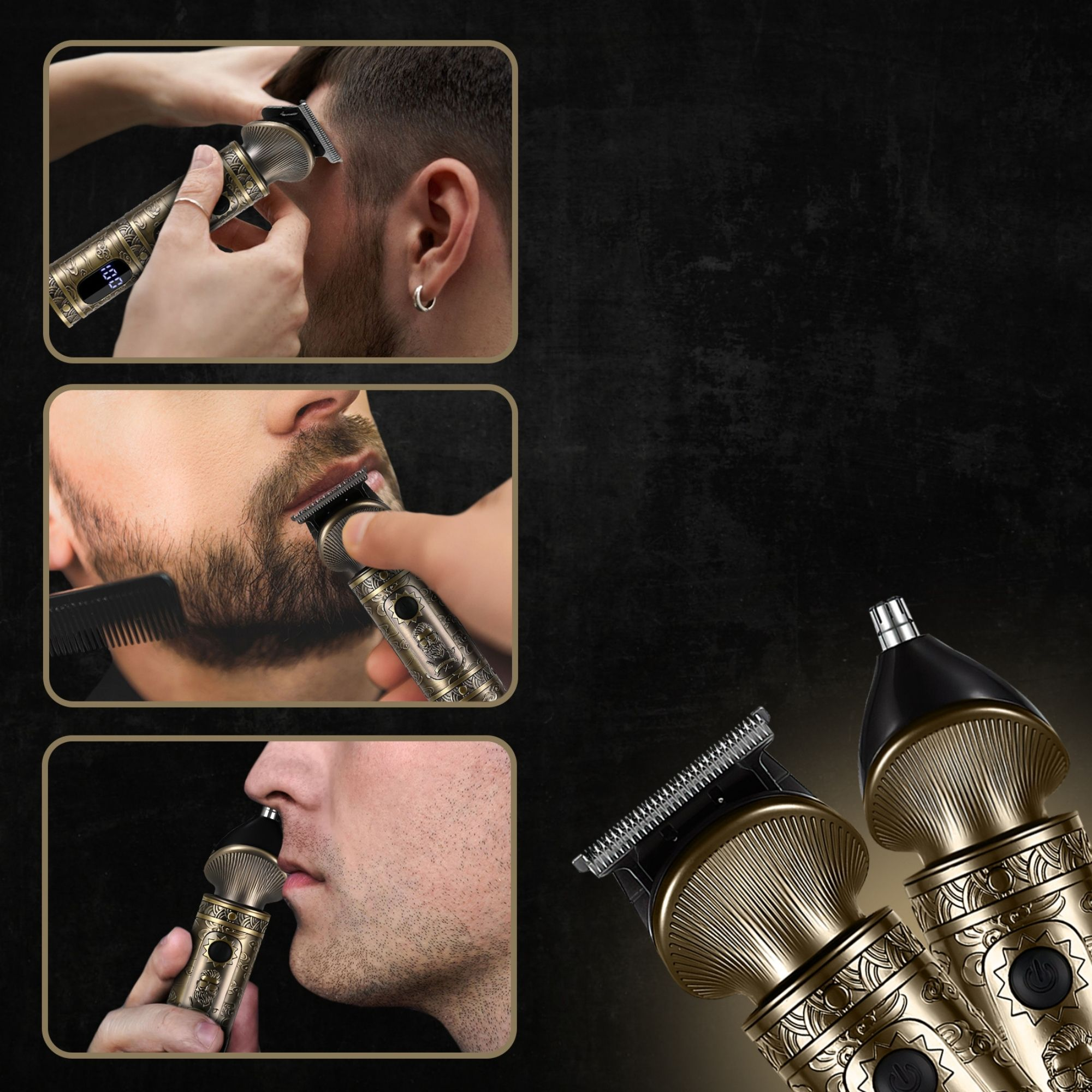 Drei Bilder zeigen Haare-, Bart- und Nasenhaartrimmen. Trimmer werden gezeigt. Der Hintergrund ist dunkel.