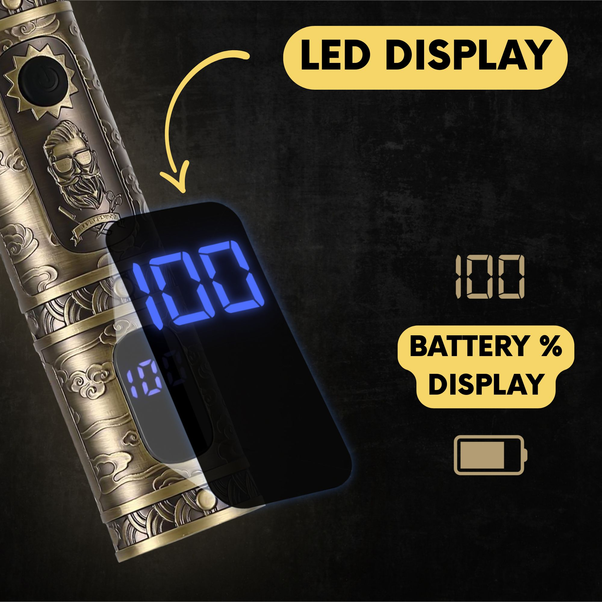 Nahaufnahme des LED-Displays eines Trimmers mit '100' (Batterieprozentsatz). Text: 'Batterie % Anzeige'.