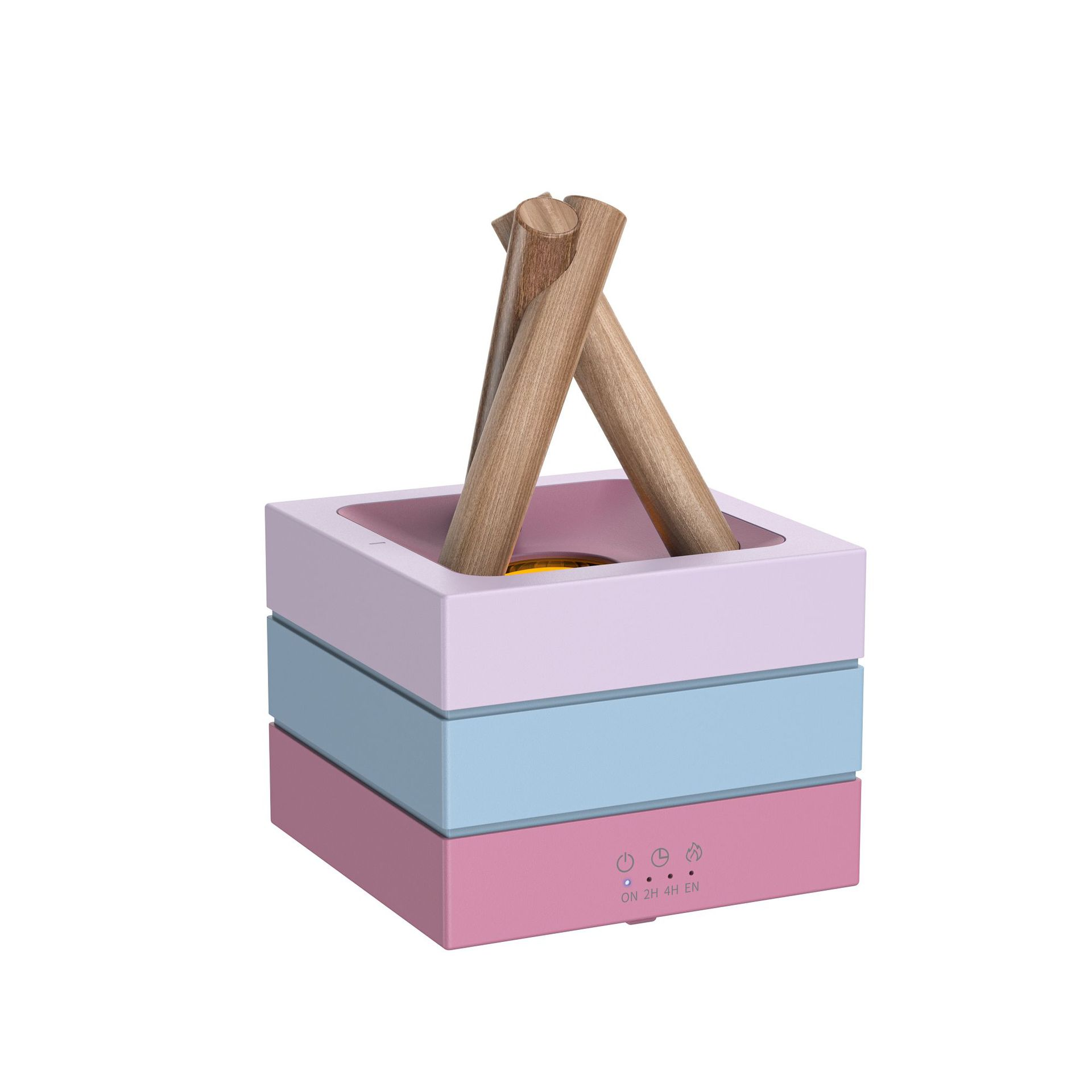 Eine stapelbare, mehrfarbige Box mit Holzgriffen. Sie hat rosa, blaue und lila Schichten. Weißer Hintergrund.