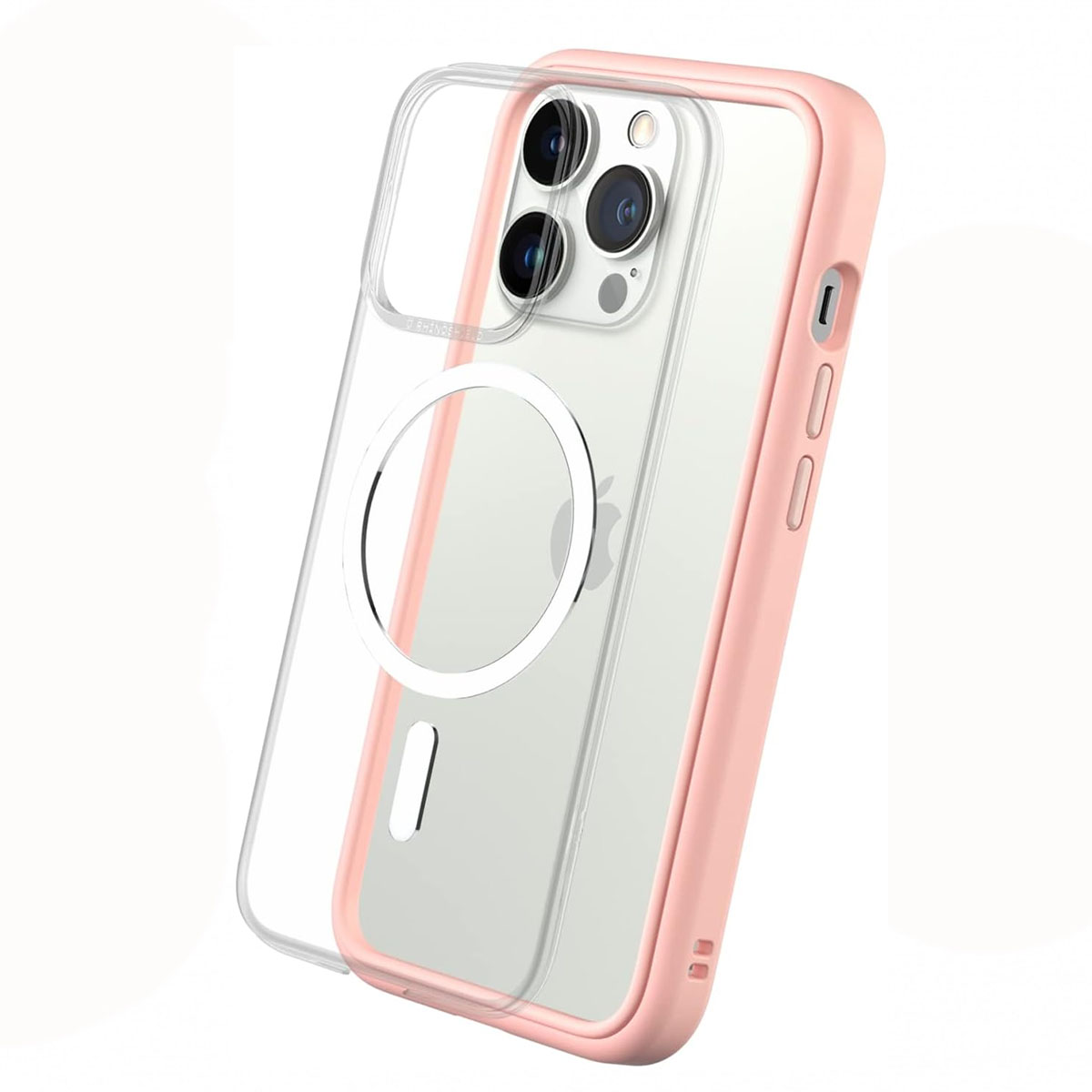 Custodia rosa con una cover trasparente e un cerchio MagSafe.
