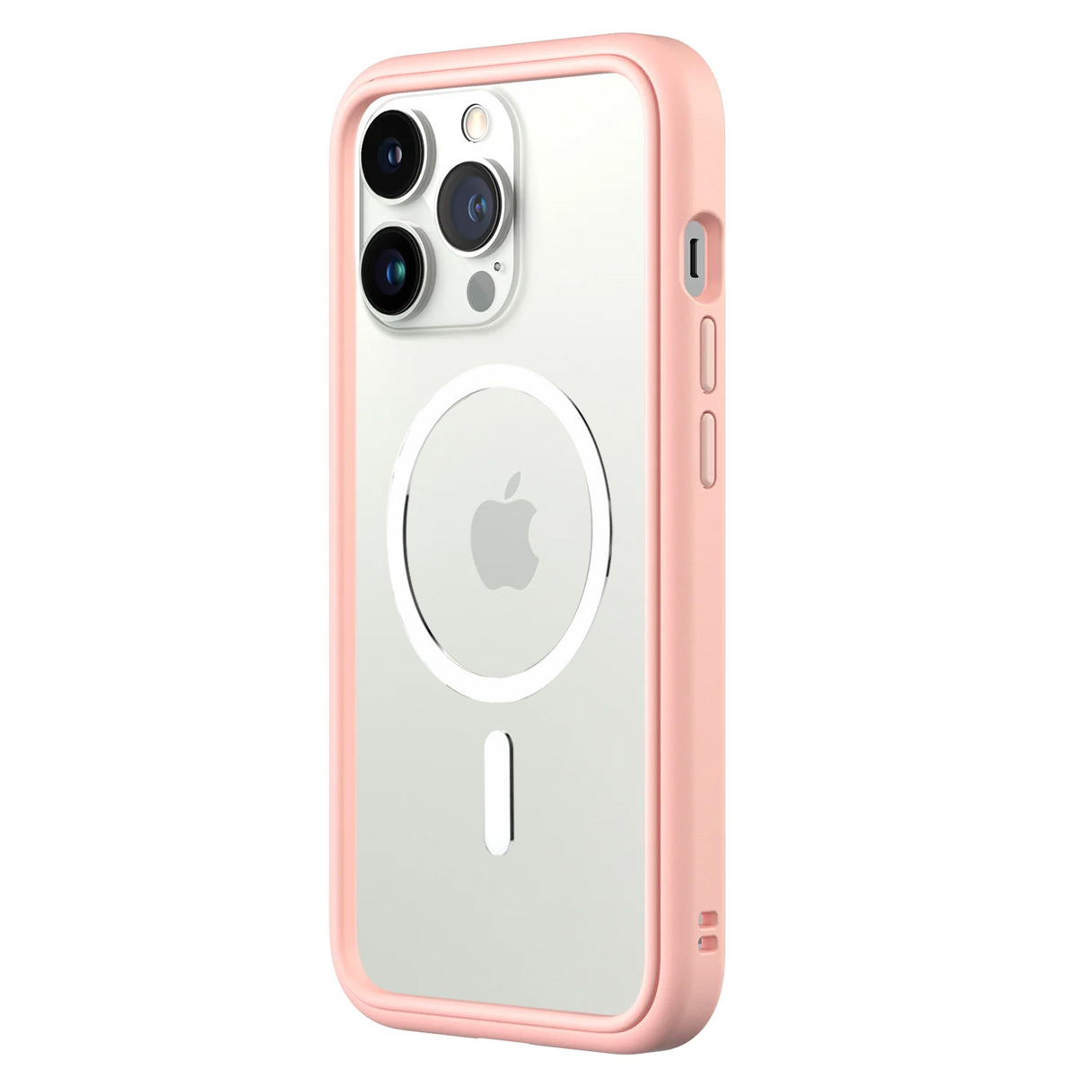 Custodia rosa con retro trasparente e logo Apple.