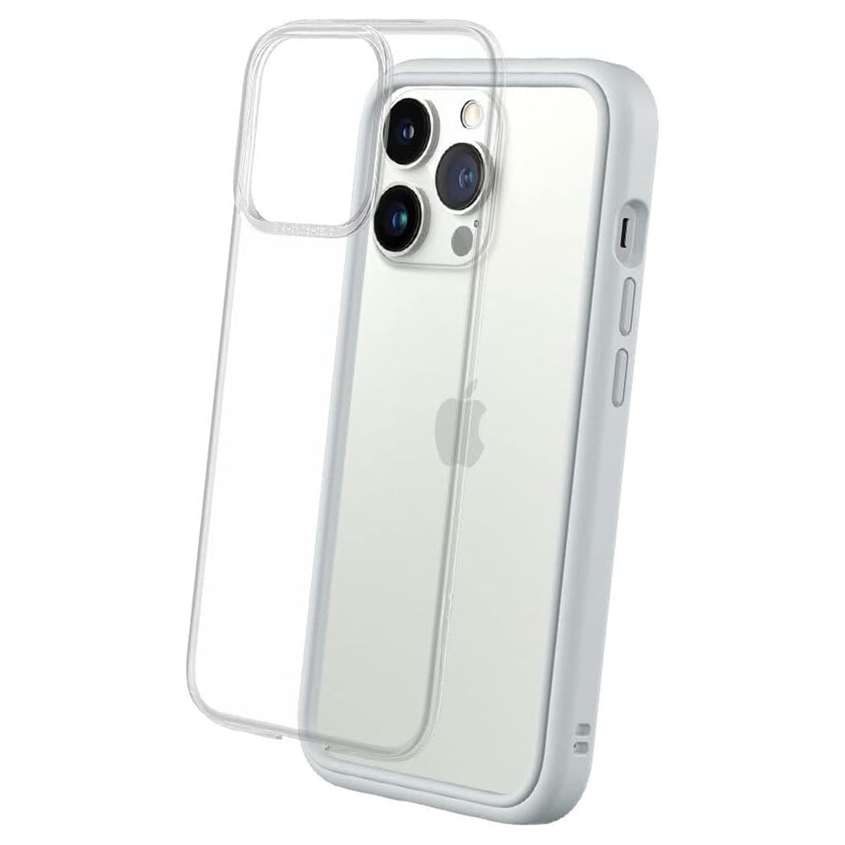 Transparente Handyhülle auf einem weißen Telefon. Die Hülle ist transparent, mit einem weißen Rand. Das Apple-Logo ist sichtbar.