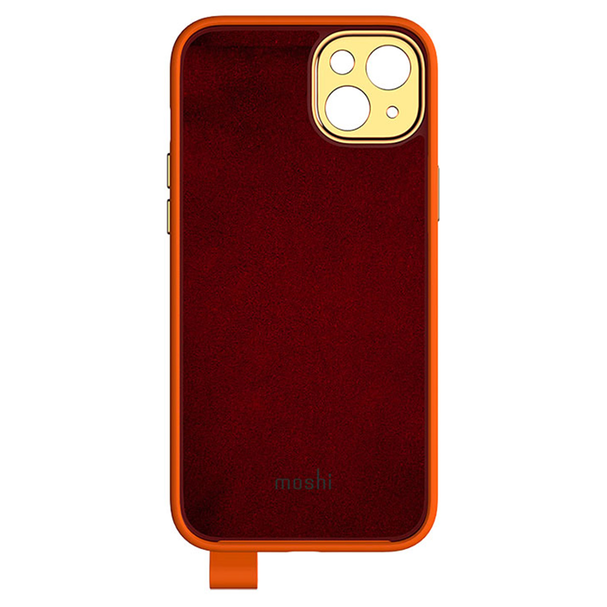 Rote Handyhülle mit orangefarbenem Rand. Goldener Kameraring und orangefarbene Schlaufe unten. Moshi-Logo sichtbar.