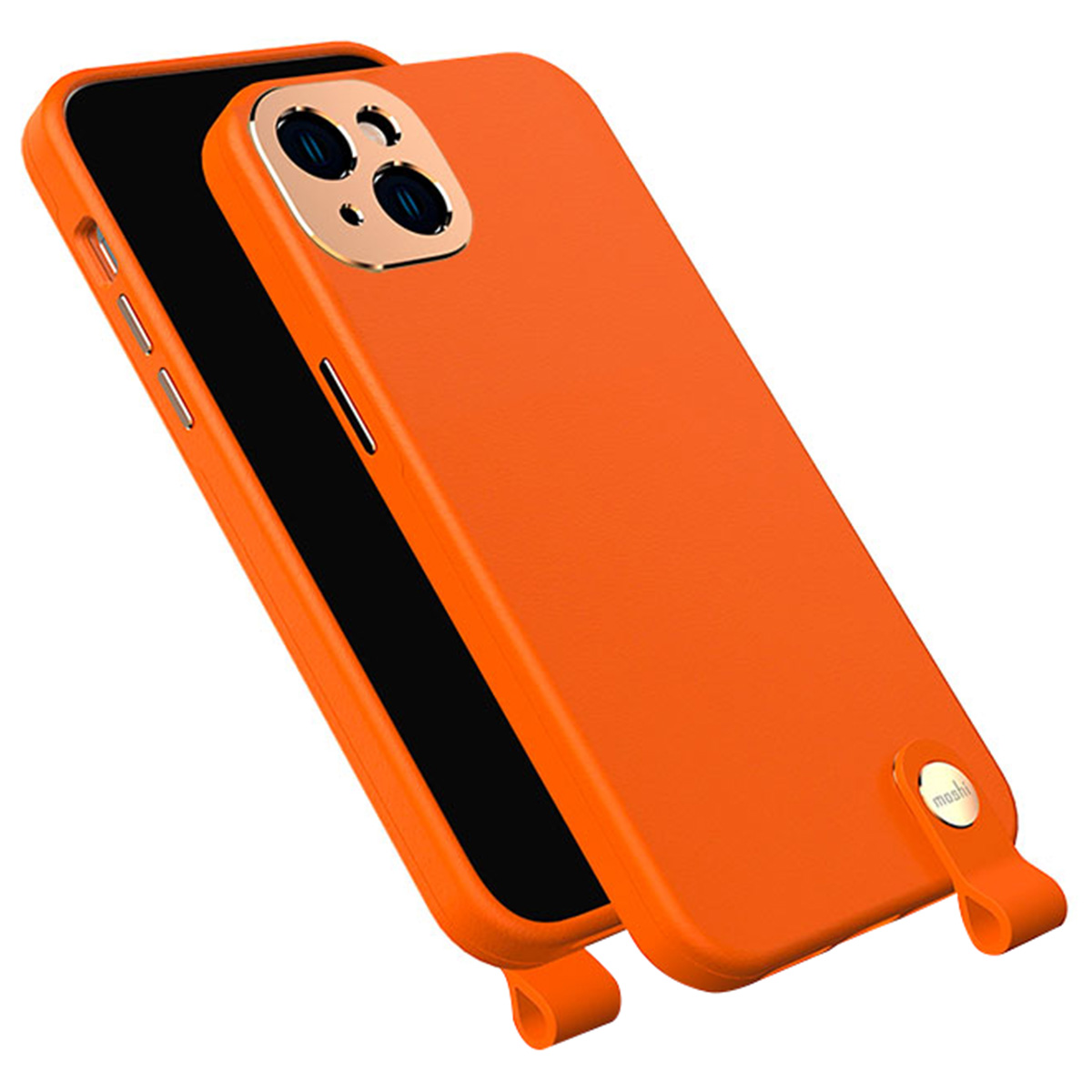 Orangefarbene Handyhülle mit goldenem Kameraring. Das Telefon ist in einem Winkel in der Hülle. Orangefarbene Schlaufe sichtbar.