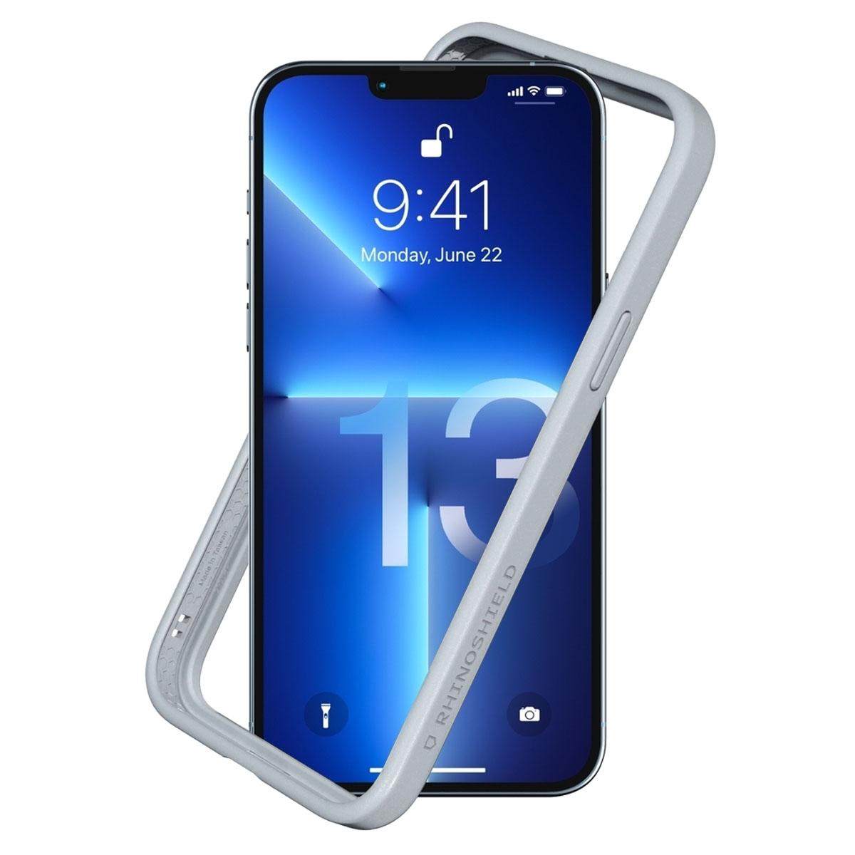 Handyhülle mit Telefon, das die Uhrzeit anzeigt, und dem Rhinosheld-Logo.