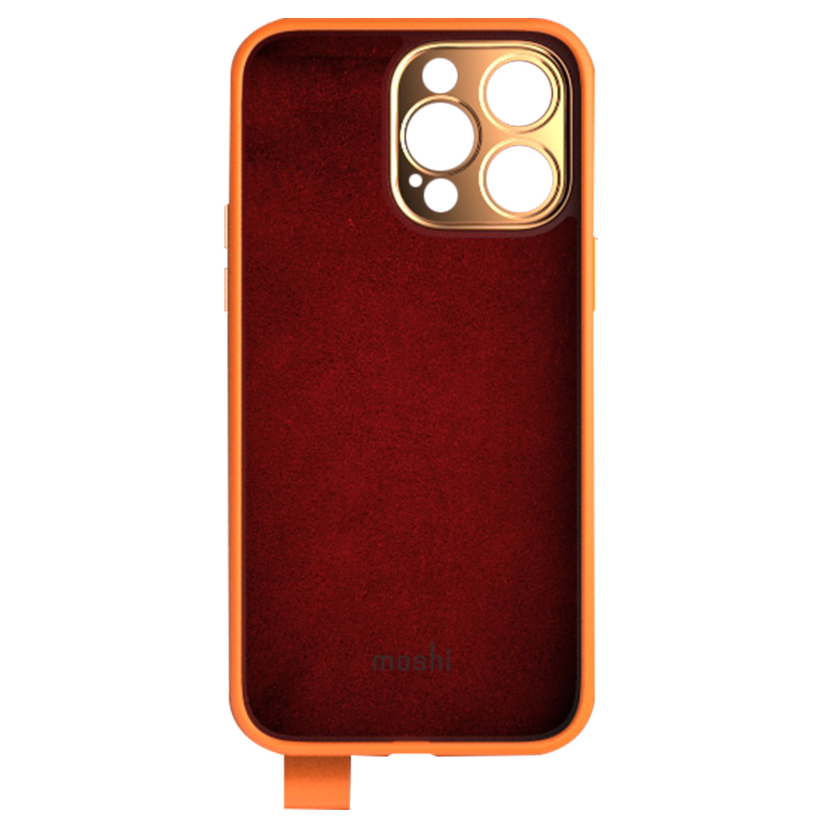 Rote Handyhülle mit orangefarbenem Rand und goldenem Kameraring. Die Hülle hat unten eine orangefarbene Schlaufe.