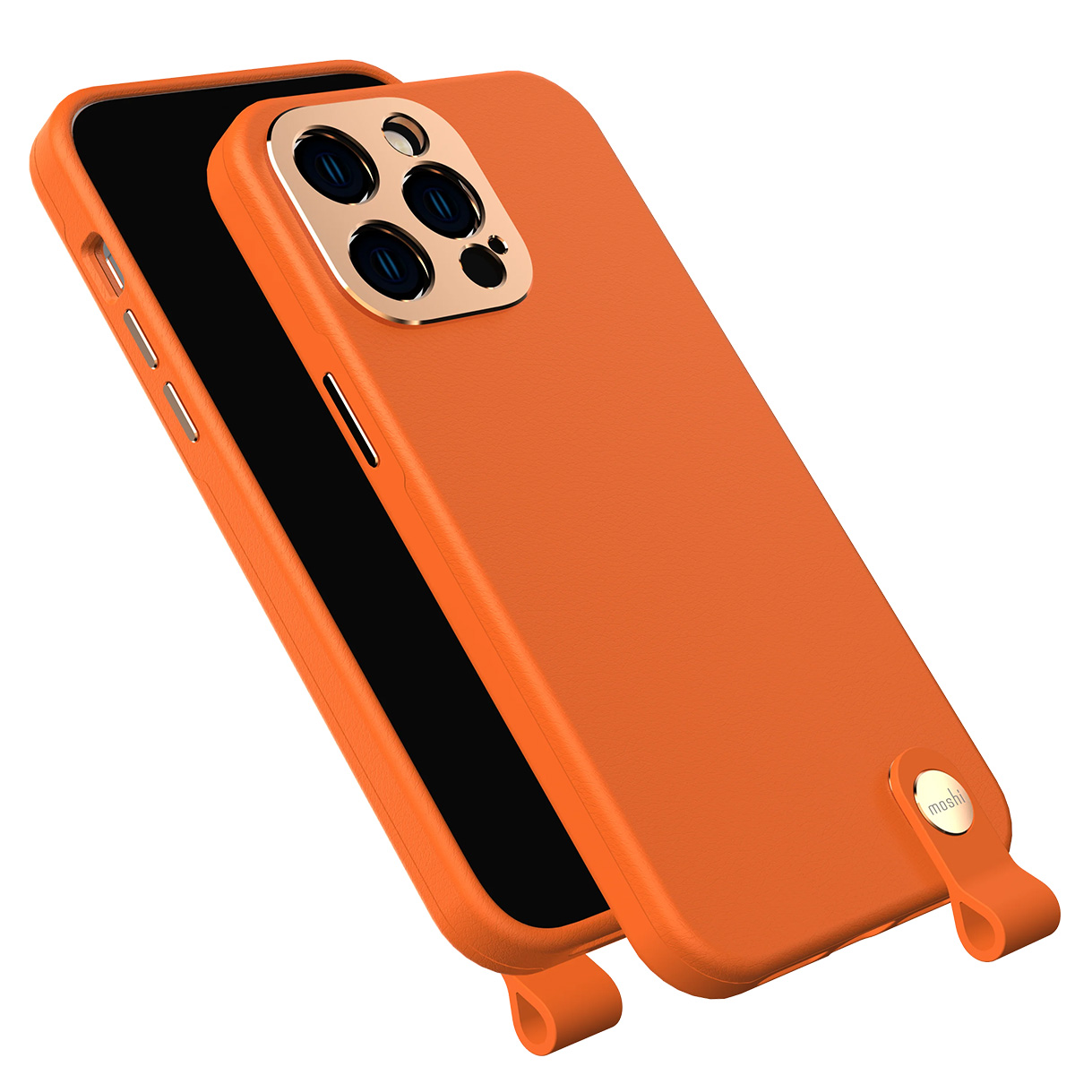 Orangefarbene Handyhülle mit Riemen und Moshi-Logo.