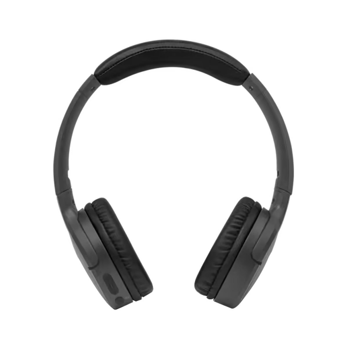 Casque gris, avec des écouteurs noirs et un bandeau noir. Les écouteurs sont circulaires.