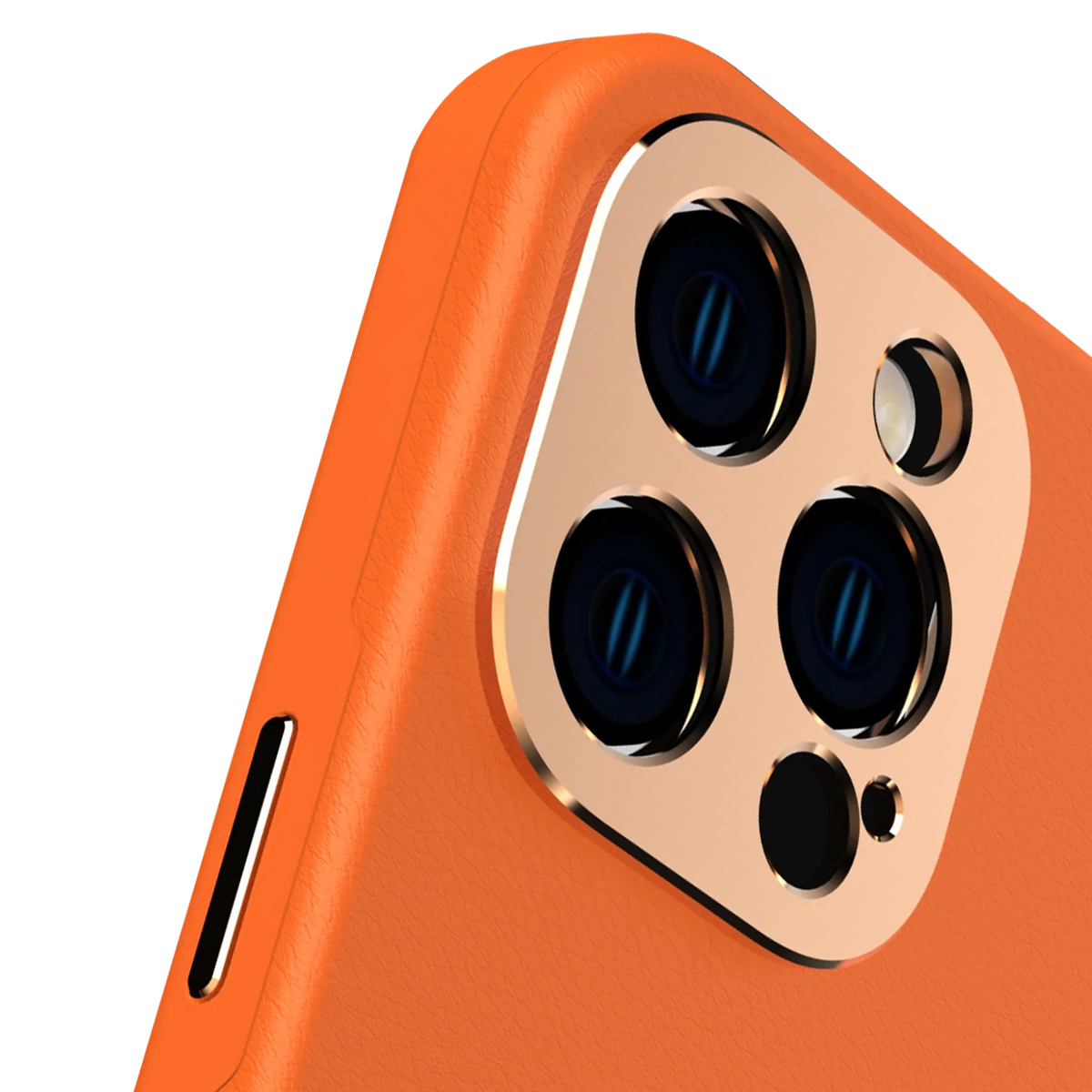 Nahaufnahme einer Handyhülle. Sie ist orange mit einem goldenen Kameraring. Die Kameralinsen sind sichtbar.