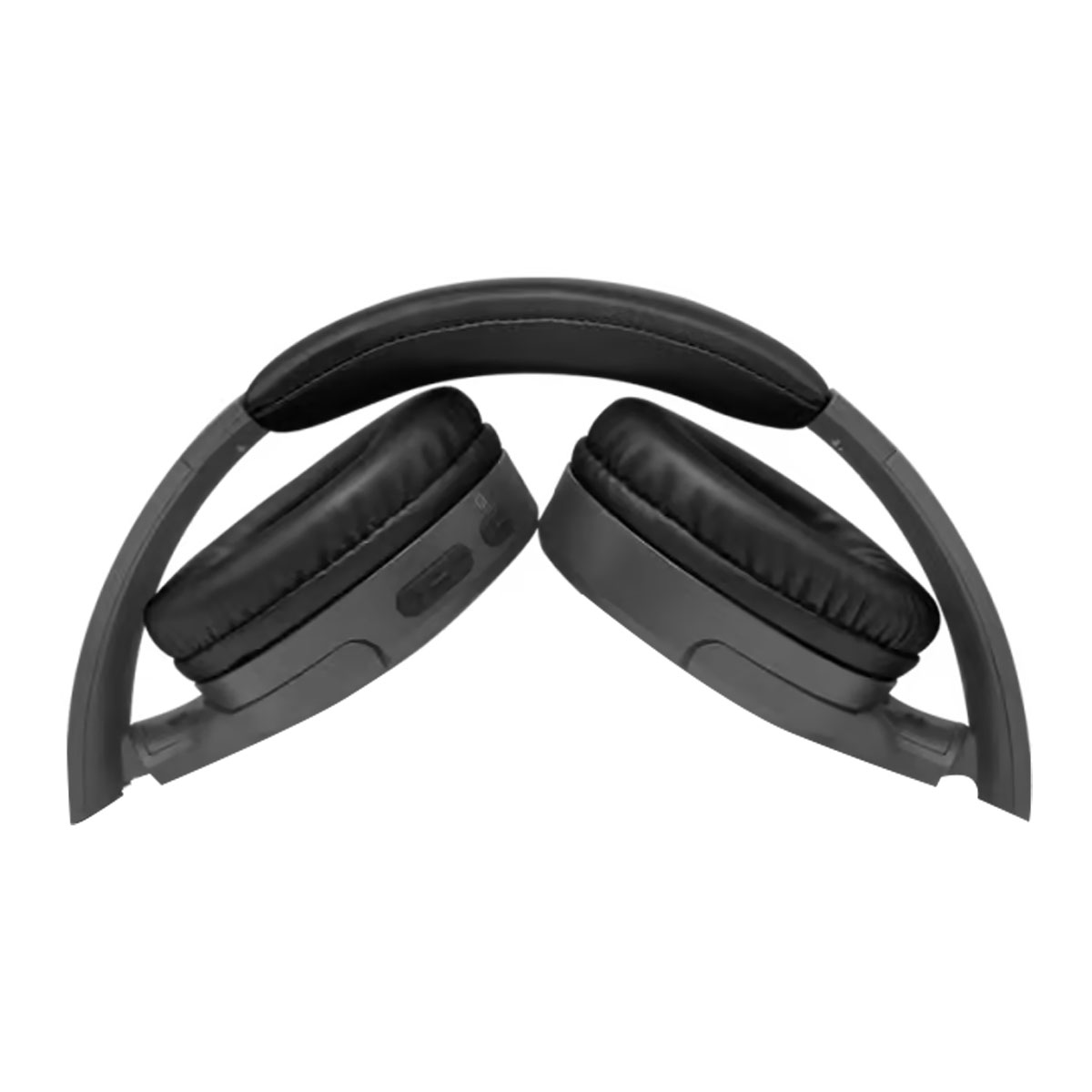 Casque noir plié. Les écouteurs sont noirs et rembourrés. Le bandeau est également noir et rembourré.