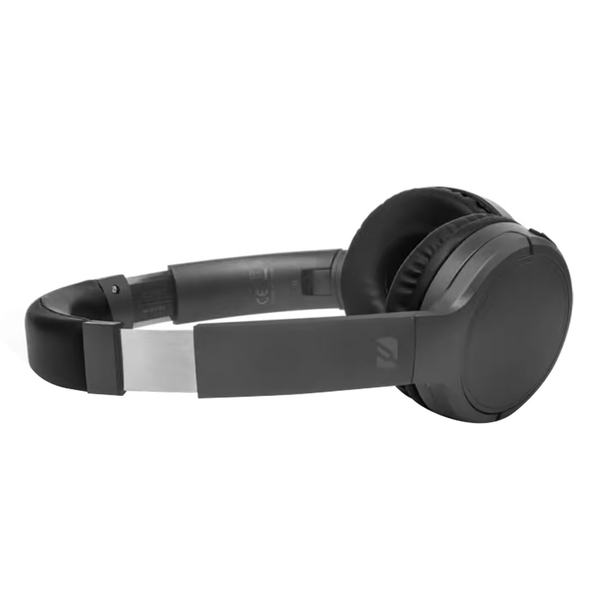 Casque avec des accents argentés. Les écouteurs sont noirs, avec un bandeau noir. Les côtés sont argentés.