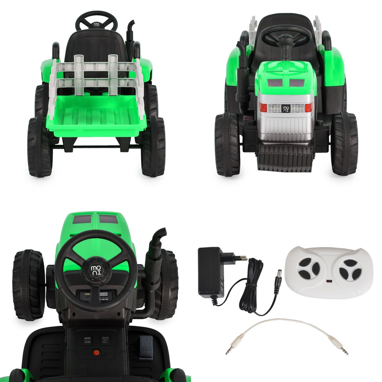 Collage eines grünen Spielzeugtraktors mit grauem Anhänger, Ladegerät und Fernbedienung auf weißem Hintergrund.