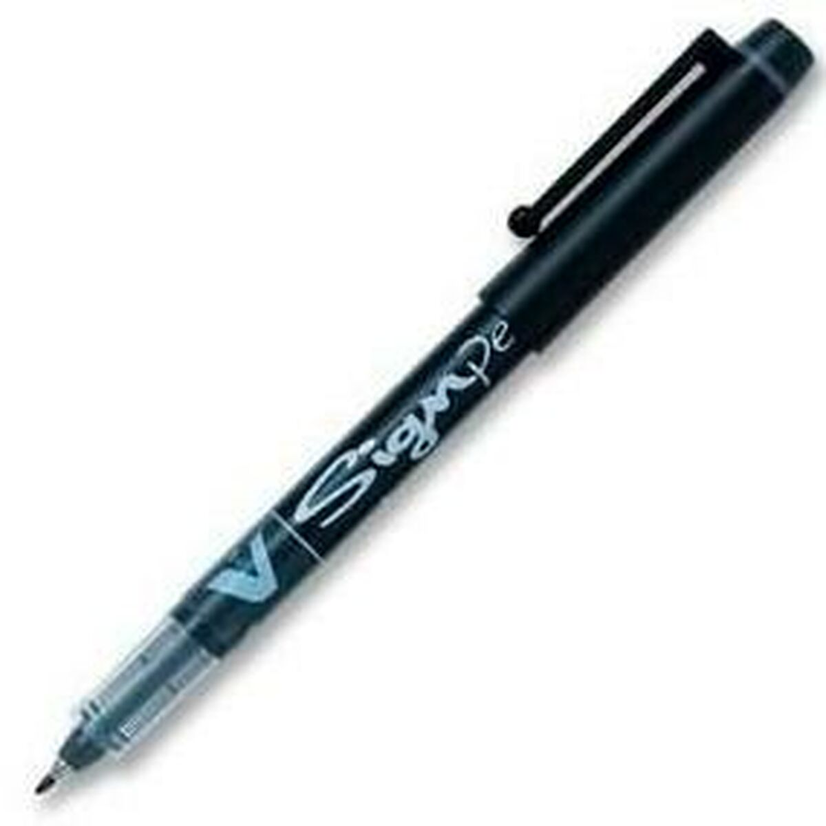 Ein schwarzer Stift mit der Aufschrift 'Sign Pen'. Er hat eine transparente Spitze. Isoliert auf Weiß.