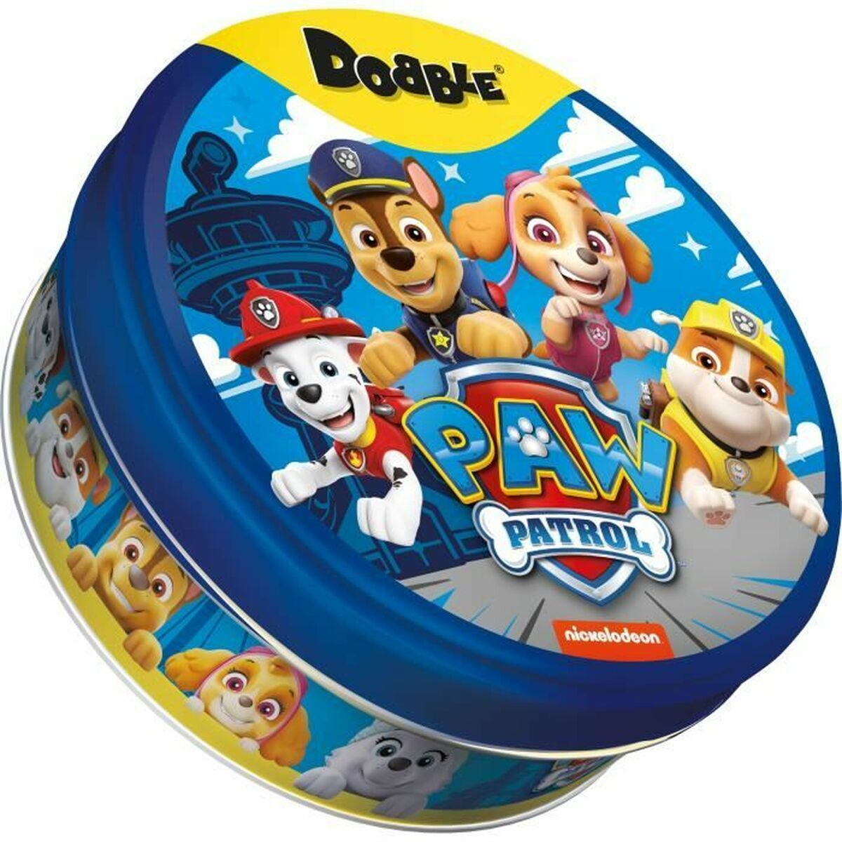 Eine blaue, runde Paw Patrol Dooble-Spieldose mit den Charakteren. Das Spiel ist für Kinder.