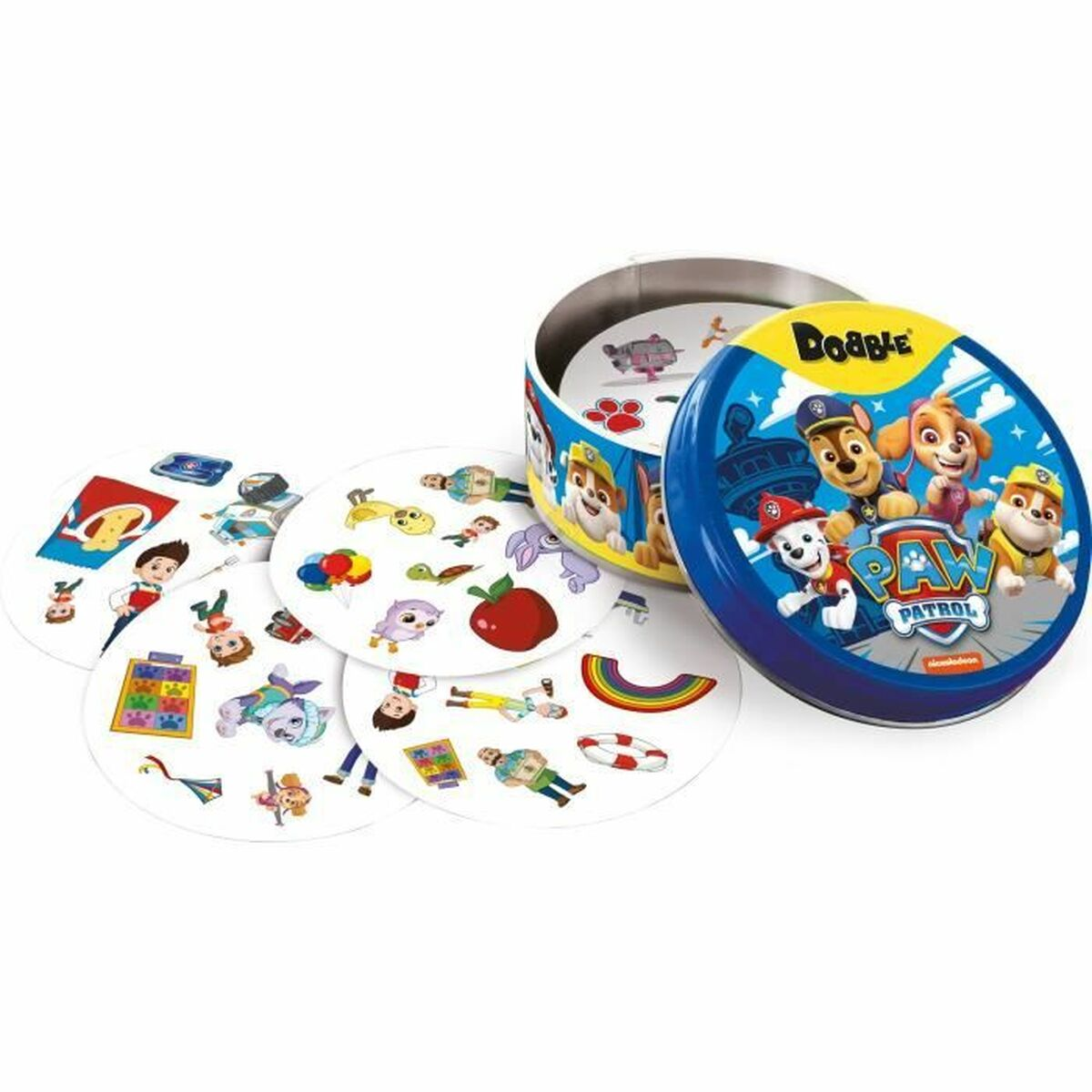 Das Paw Patrol Dooble-Spiel mit Karten und Charakteren. Die Box ist blau mit dem Paw Patrol-Logo.